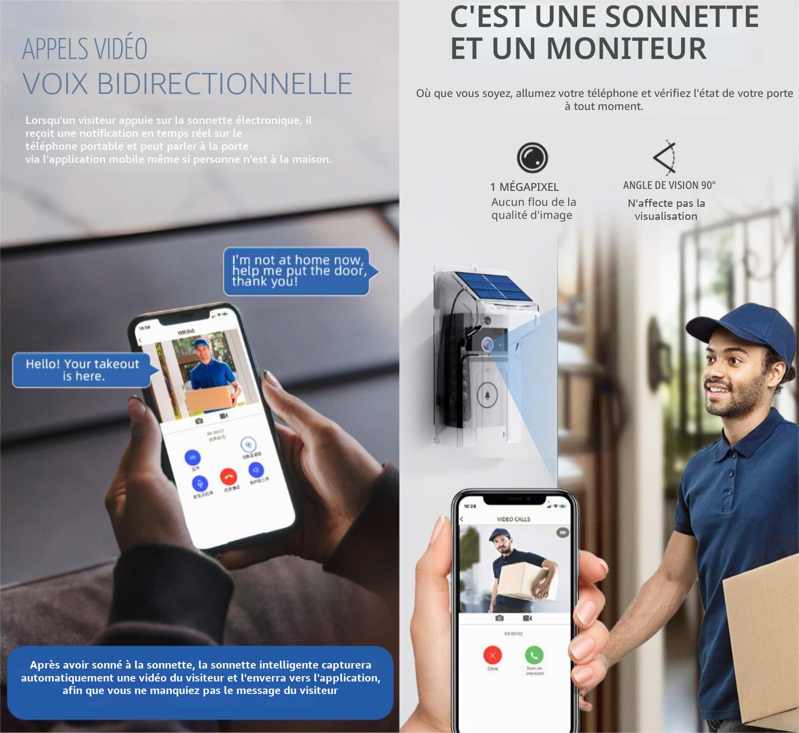 Sonnette vidéo solaire sans fil avec vision nocturne, changeur de voix bidirectionnel, détection de mouvement PIR et batterie de 3 mois – Résistant aux intempéries, installation sans perçage