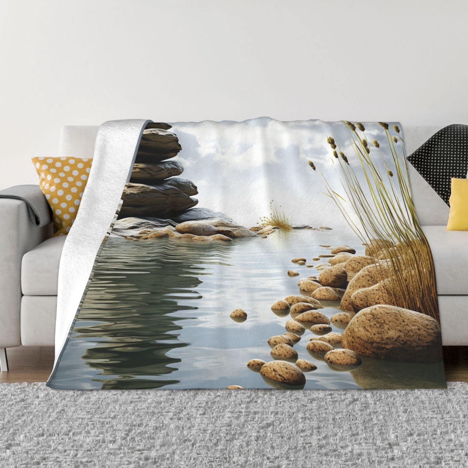 Plaid flanelle anti-frissons couverture douce lit et canapé motif galets minéraux