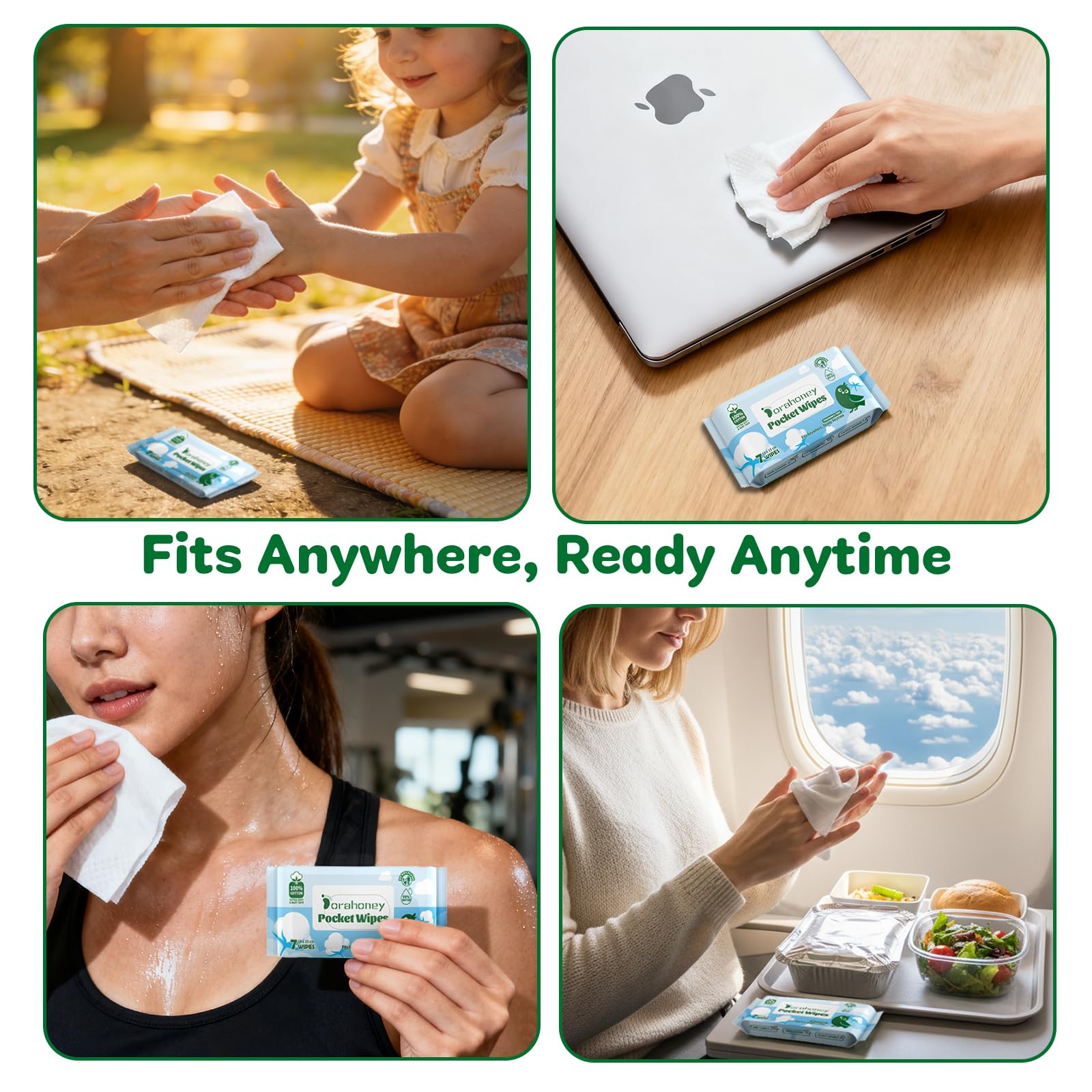 Mini Travel Wet Wipes, 100% Cotton Sensitive Pocket Size Wipes, 99% Water, Unscented, Hypoallergenic for Adults, Kids and Baby Care, Small Pack Hand & Face Wipes, 8 Pack (56 Wipes Total) — view 7