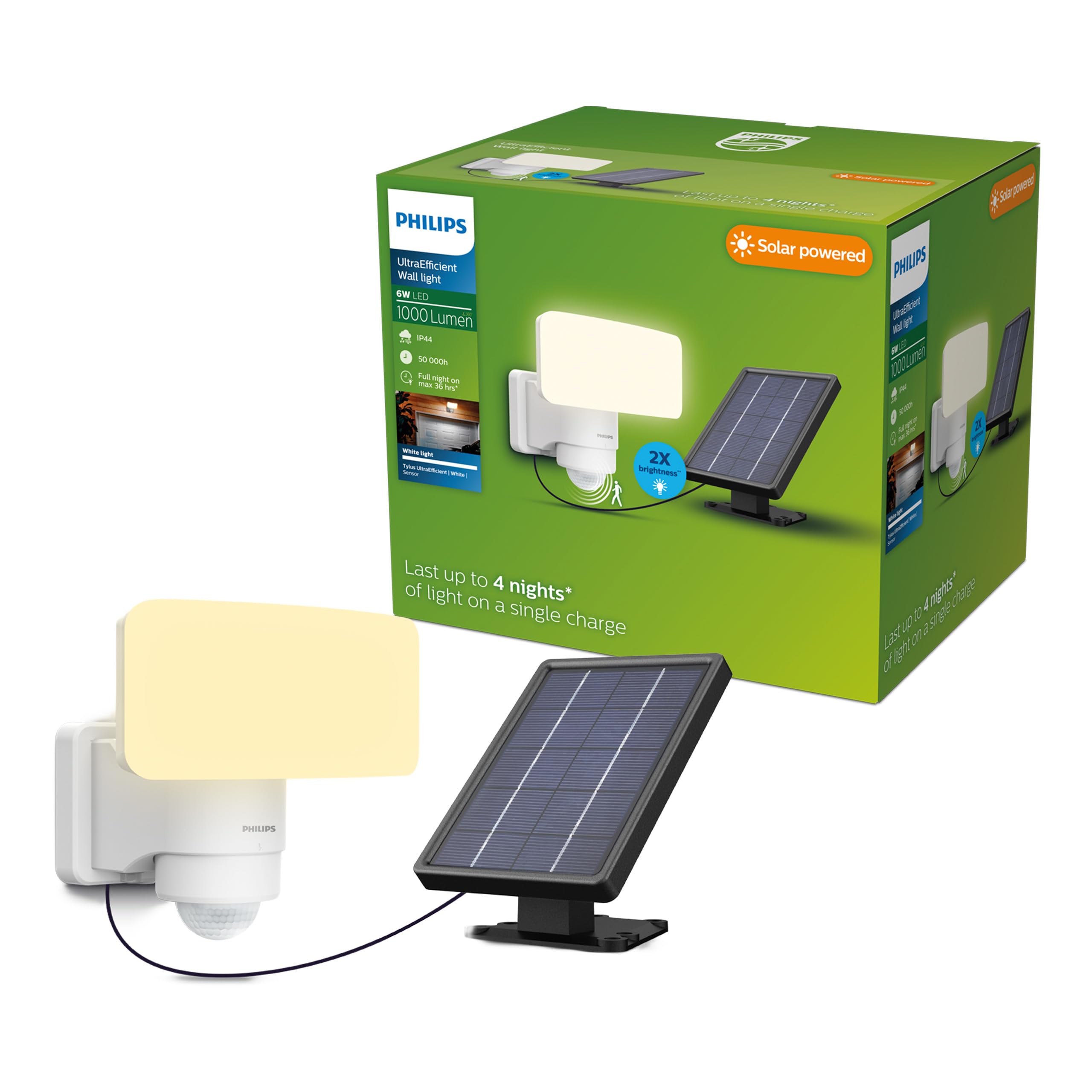 PHILIPS Tylus UltraEfficient Outdoor Solar Security Light with Sensor, 3000K, 1000/50lm, White​