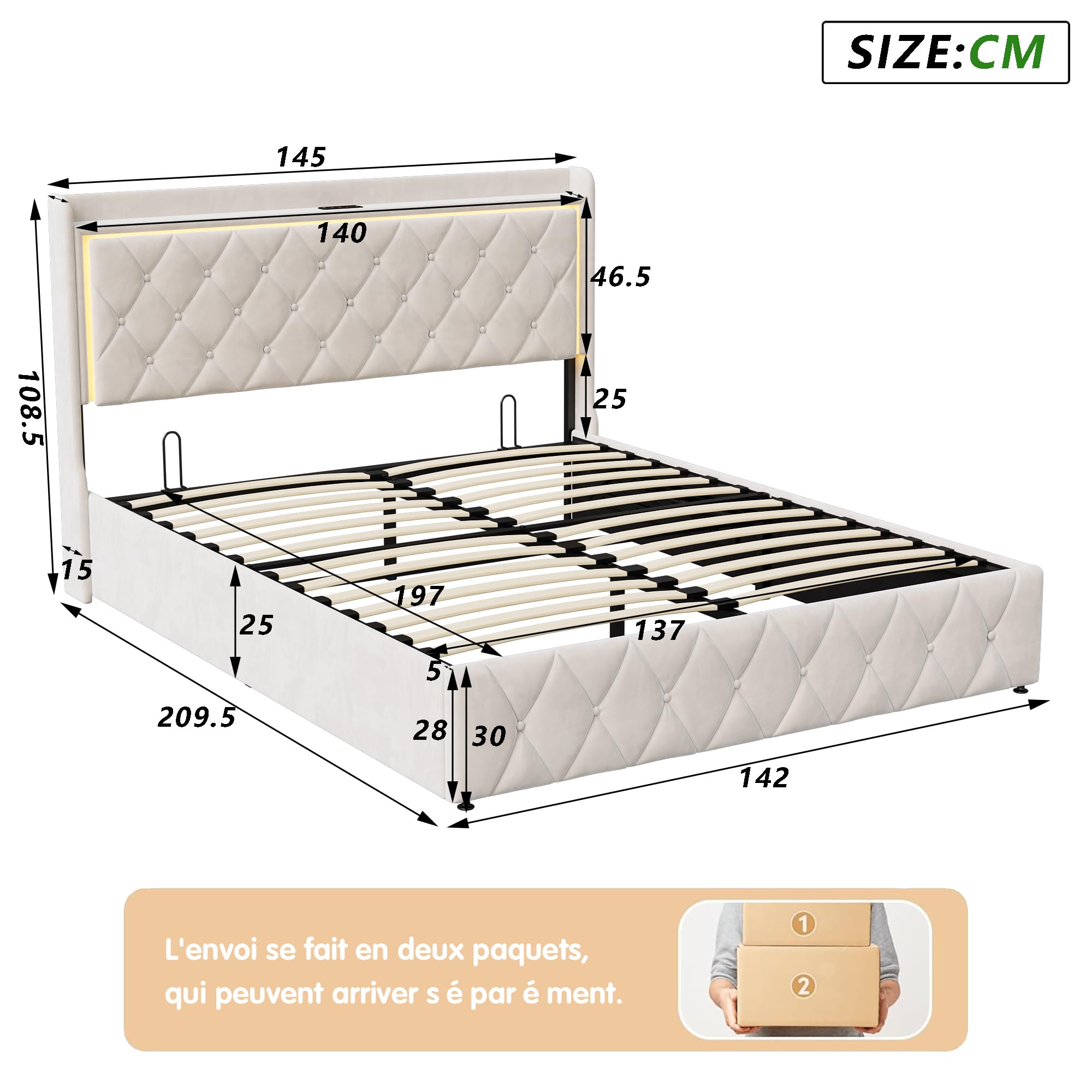 DADEA Cama Matrimonio 140x200 con LED y USB, Camas Matrimoniales con Canapé, Cama Doble Matrimonio Moderna con CabeceroCama Tapizada 140x200 con Almacenaje Camas Adultos con Somier, Sin colchón
