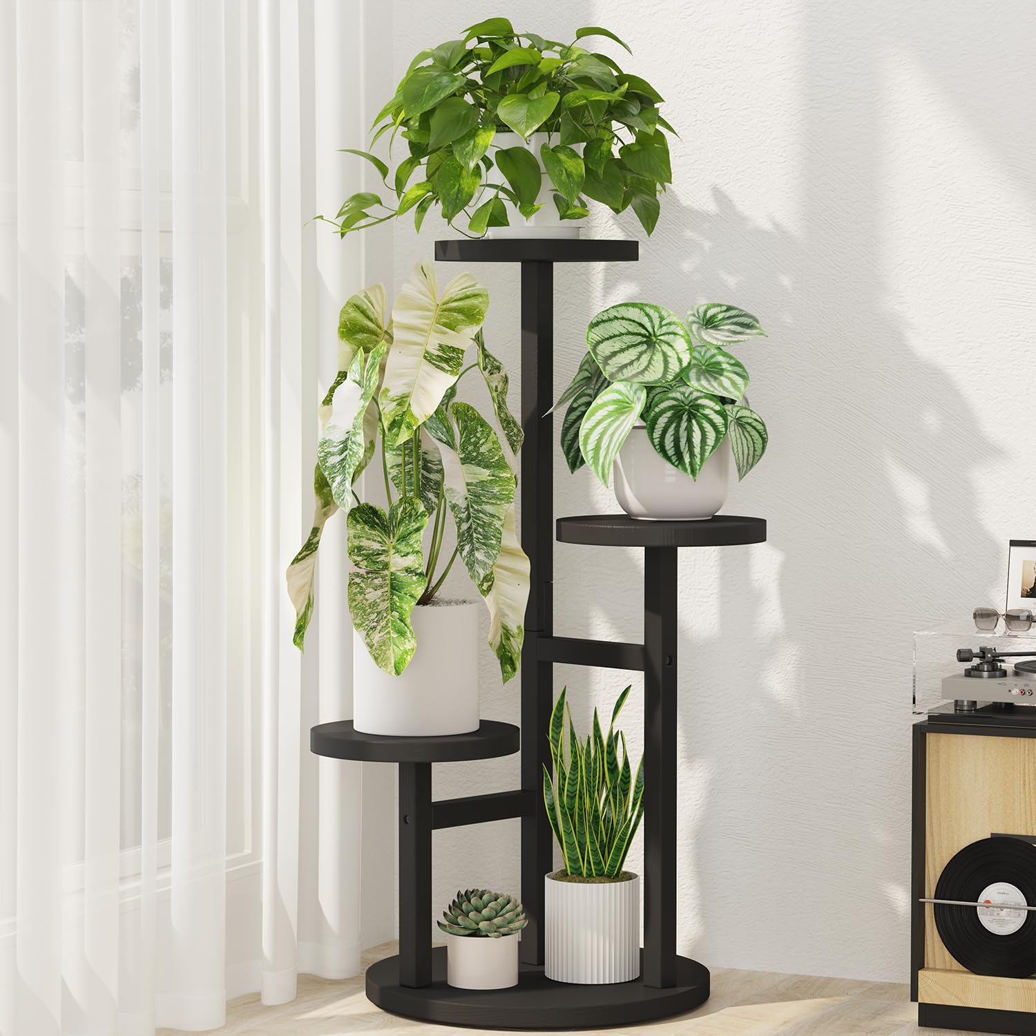 iDavosic.ly 3 Tier Wood Plant Stand Indoor Outdoor Corner Tall Shelf, Black