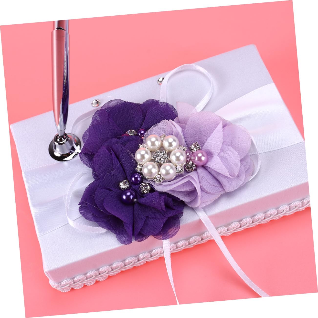 Cabilock Flower Girl Ring Pillow Basket Set 20x20cm Guest Book Pillow Notebook Pen Holder for Wedding Ceremony