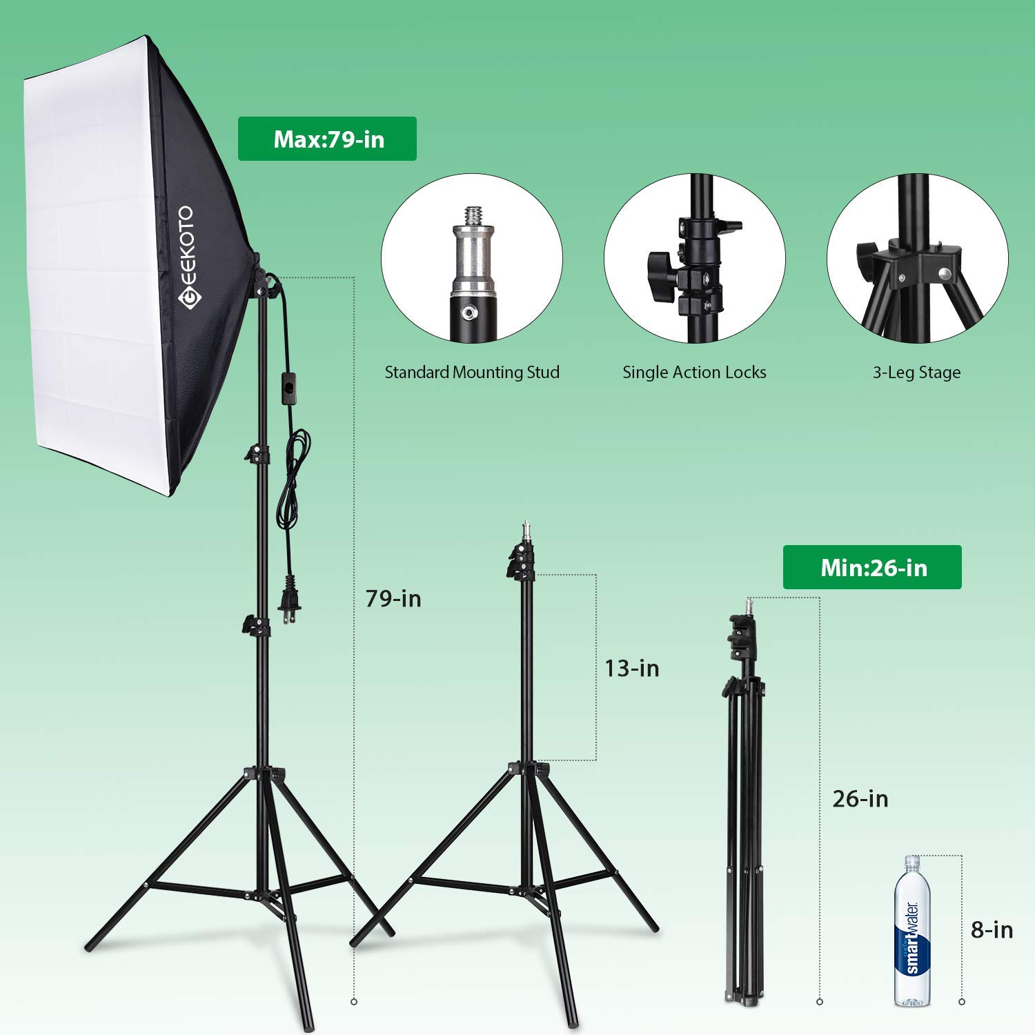 GEEKOTO Softbox Kit di Illuminazione 50 x 70cm, Luci da Studio Fotografico con 2 Lampadine E27 85W 5500K, 2m Supporti Regolabili per Ritratti in Studio, Fotografia Prodotti, Foto di Moda, Video, ecc.