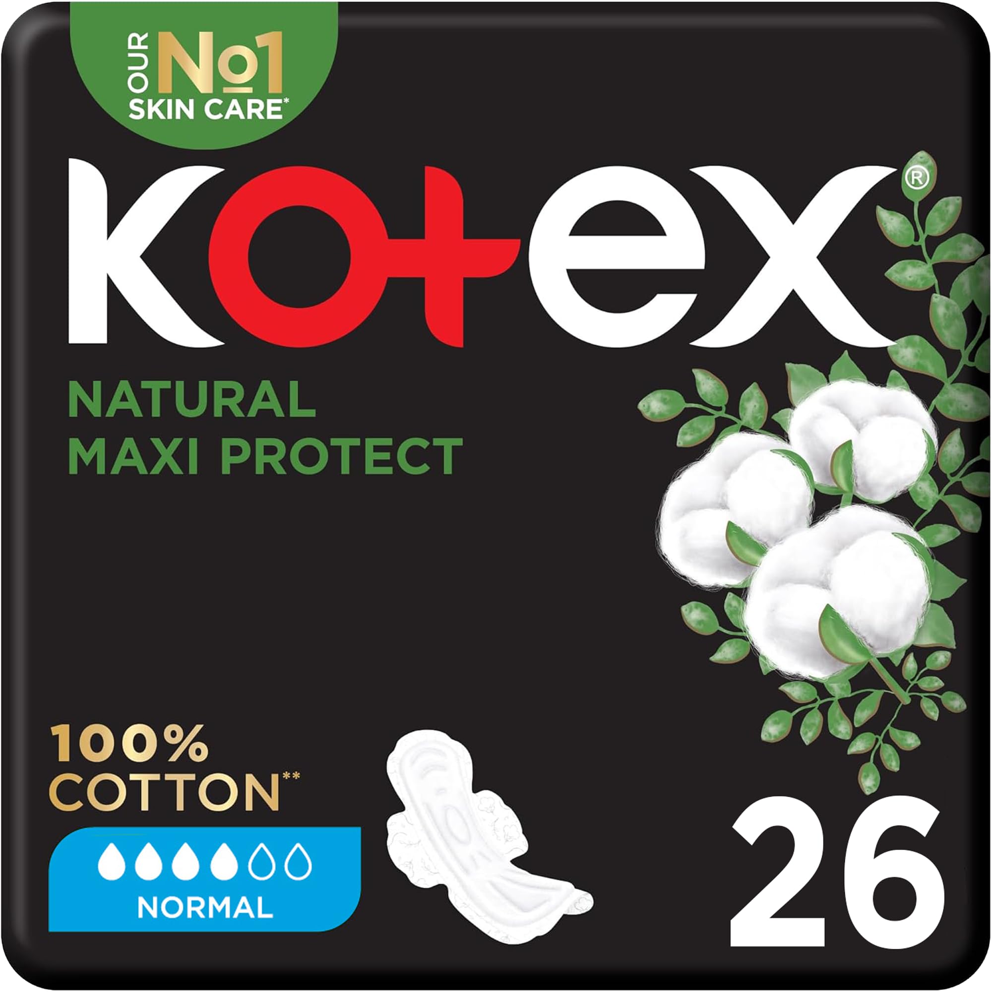 Kotex Natural Maxi Protect Normal Sanitary Pads, 26 Count – Cotton-Feel Day Pads with Reliable Absorbency & Soft Natural Cover for Comfortable Everyday Period Protection