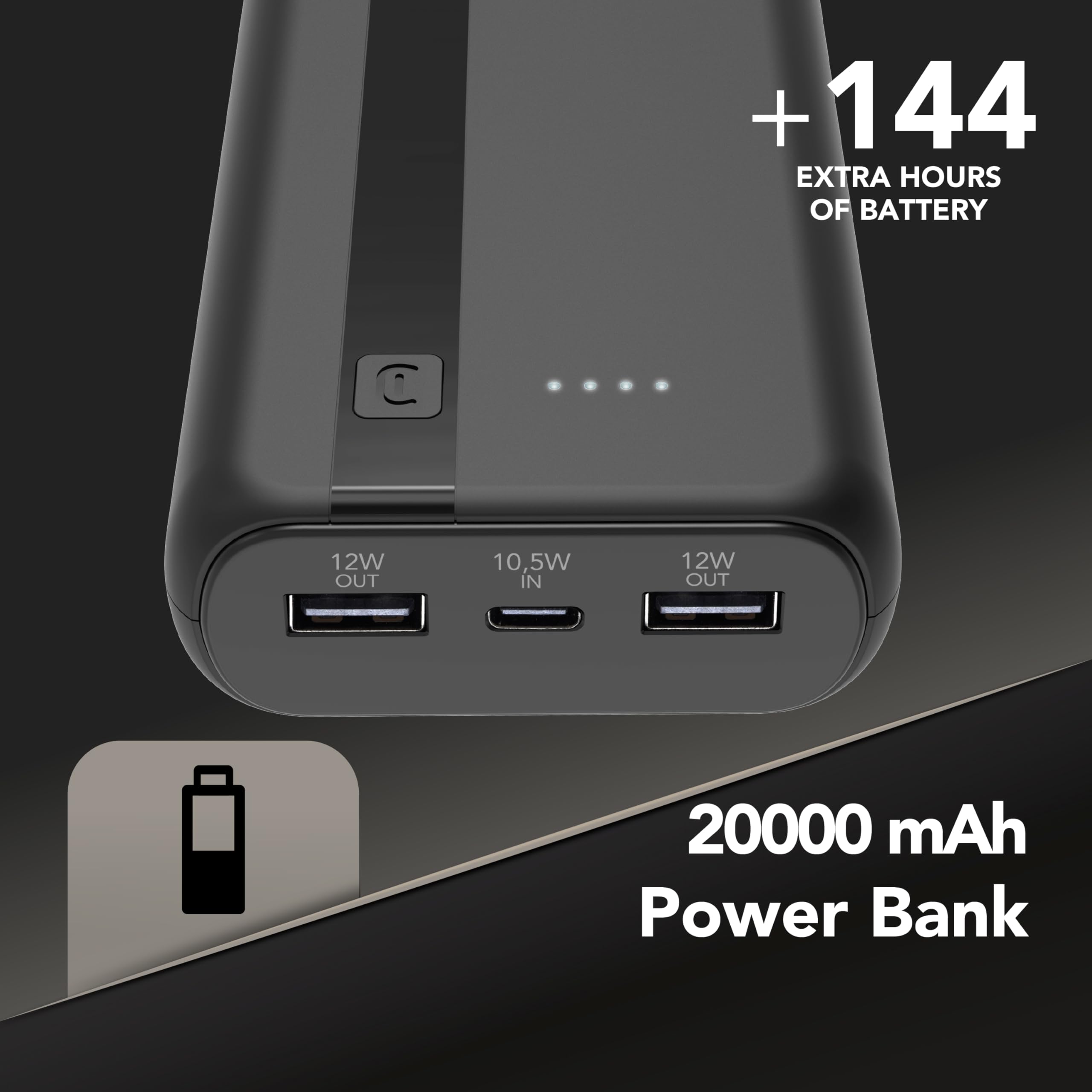 Cellularline - Power Bank 20000 - Capacità: 20000mAh - Input: 1xUSB-C 10.5W - Output: 1xUSB 12W - Celle: Li-ion Battery - LED luminosi indicano carica residua - Nero