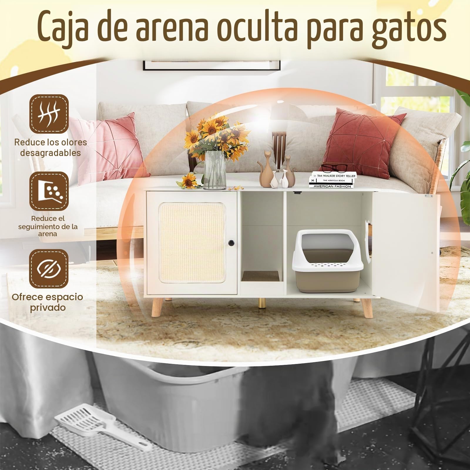 FANTASK Armario de Arena para Gatos, Armario con 2 Puertas y Tabla para rascar y 2 Alfombrillas rascadoras de sisal y Entrada, casa para 2 Gatos, Mesa Auxiliar, 108 x 50 x 60 cm (Blanco)