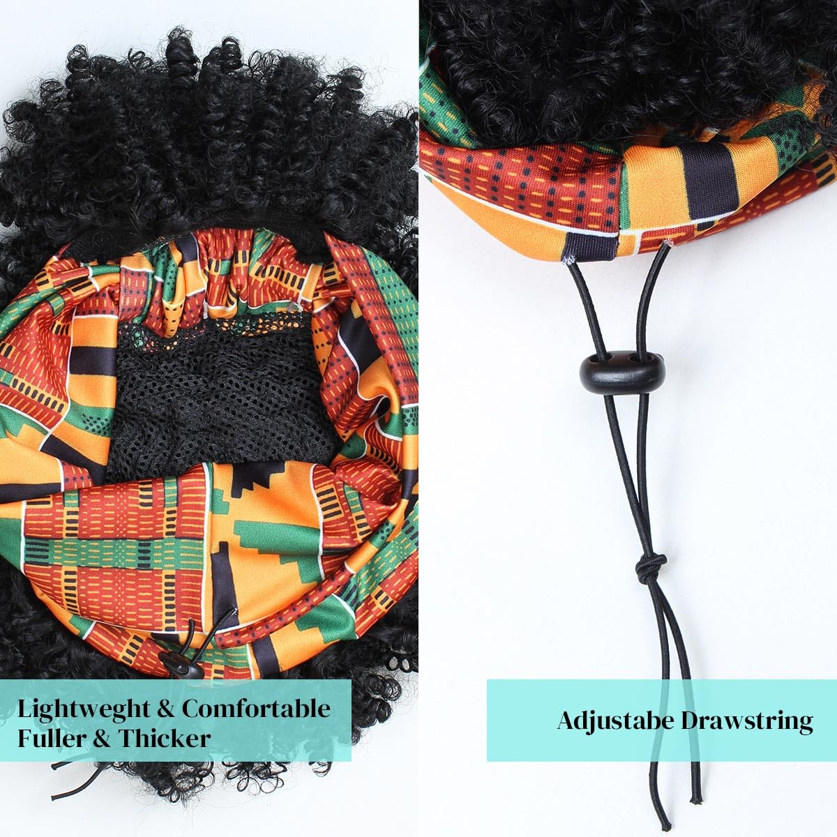 Afro Kinky Headband Wig with Bangs, 2 in 1 Head-Wrap Afro Puff Wig Short Synthetic Curly Bang Half Wigs for Women Black