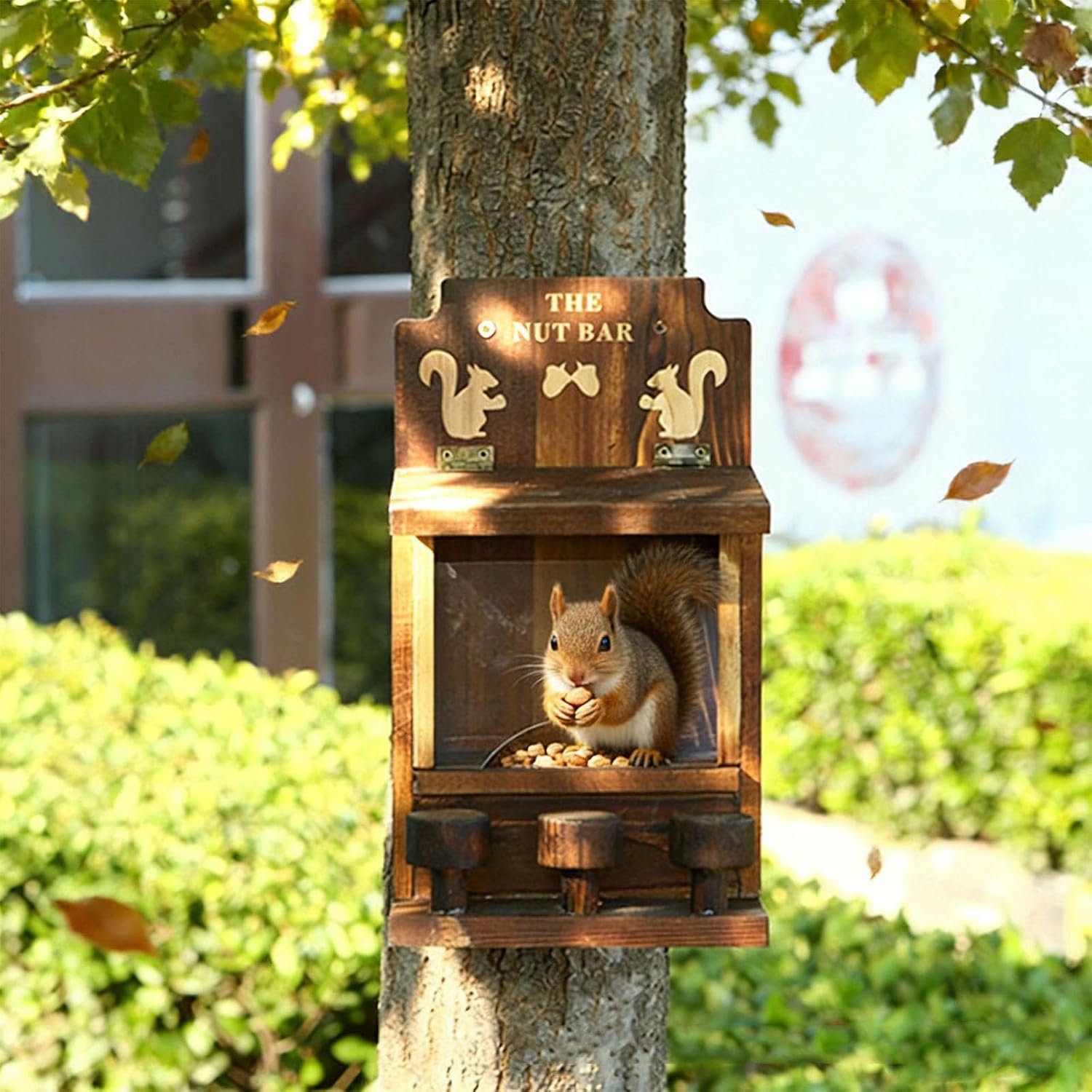 ordinarYone Wooden Wall Mounted Animal Feeder And Storage Box For Treats Outdoor Garden Decor Pet Feeding Station