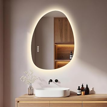 Asymmetrical Bathroom Mirror with LED Lights, Anti-Fog, 75 55cm