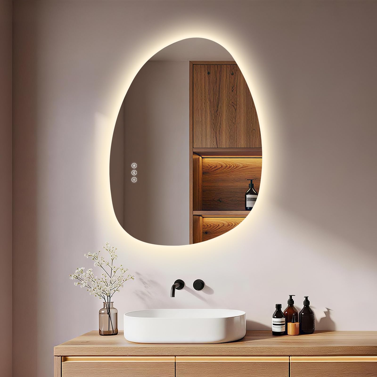S'AFIELINA Asymetryczne Lustro łazienkowe LED, Lustro z oświetleniem LED 55x75 cm, Backlight, Antypara, 3000K/4000K/6500K, Ściemnialne, Funkcja pamięci, Sterowanie dotykowe, Montaż pionowy/poziomy