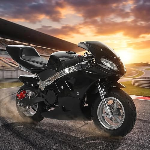 [US Fast Arrival] Kids Pocket Bike, 49cc 2 Stroke Mini Motorcycle for Youth, Gas Pocket Motorbike, Dual Disc Brakes, Dual Headlights, Up to 20Mph, Weight Support Up to 170LBS, 20 Miles Range (Black)