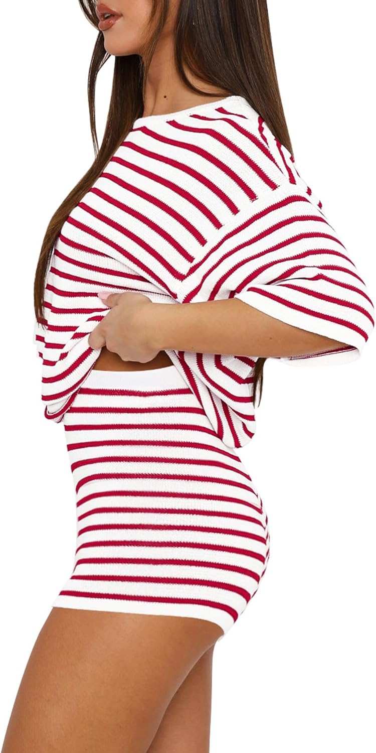 Yousify 2 Piece Sweater Set for Womens Summer Short Sleeve Tops Striped Matching Shorts Lounge Sets S-2XL - Image 3