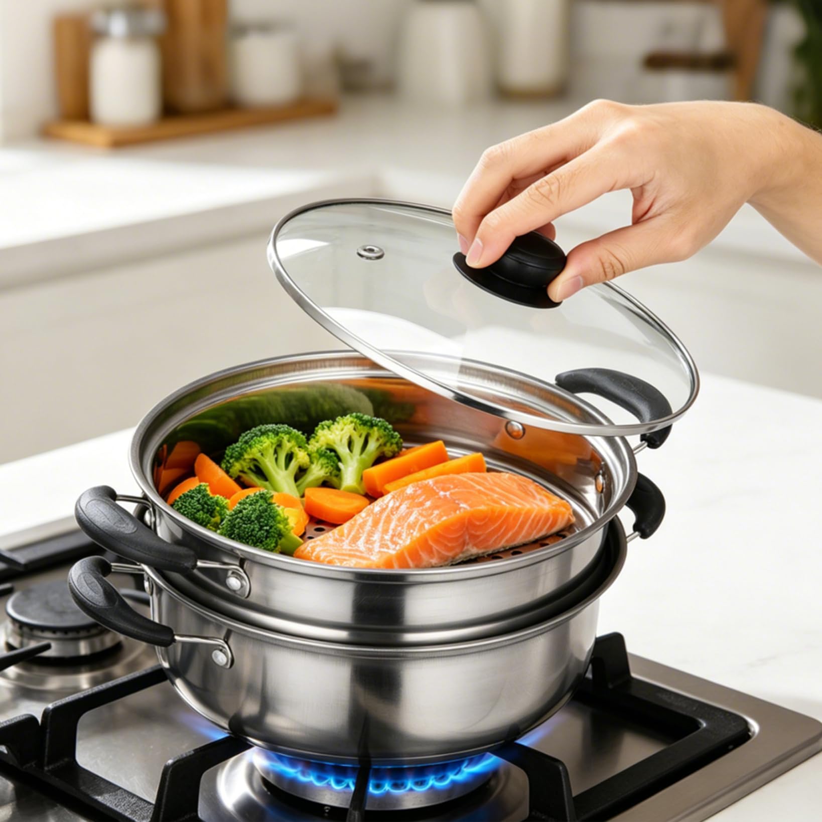 PRETYZOOM Marmite Vapeur Inox 20 Cm Cuiseur Vapeur Compatible Induction Pot Profond Pour Cuisine Maison LéGumes Fruits De Mer