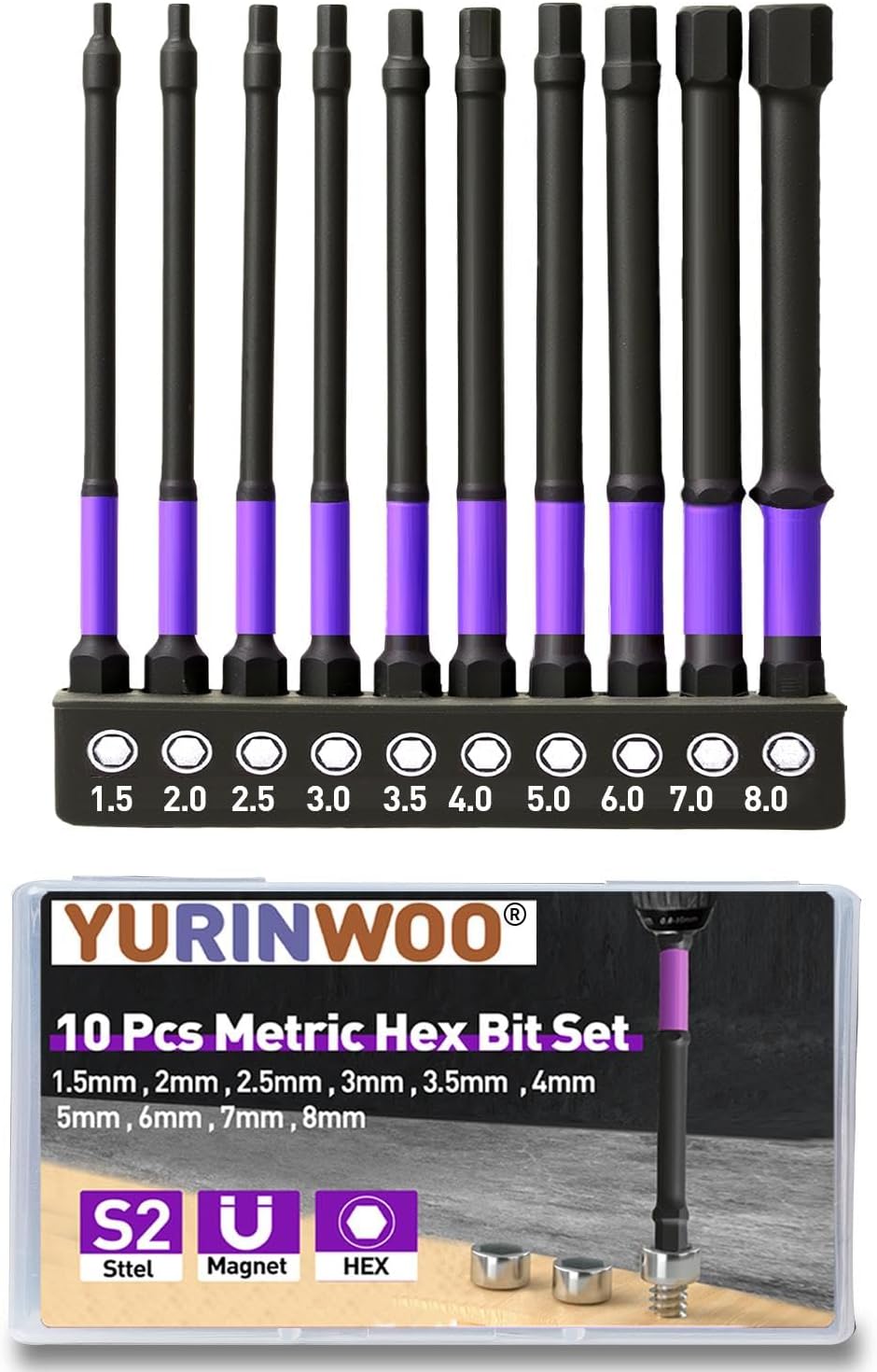 YURINWOO 10Pcs Hex Head Allen Wrench Drill Bit Set (Metric), 100mm Long S2 Steel Bits Set, CNC Machined Tips with Magnetism, 1/4” Hex-Shank Inner Hexagon Screwdriver Bit with Storage Box