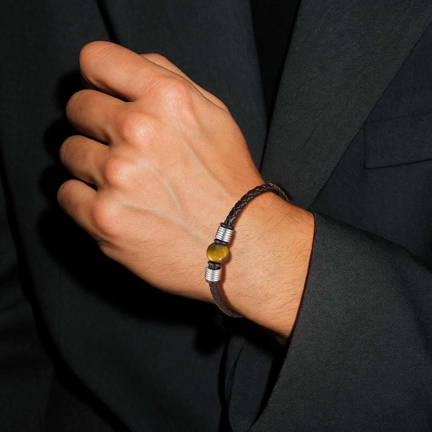 TRUMIUM Beaded Bracelets for Men Women Natural 10mm Tiger Eyes Mens Leather Bracelet Gemstone Jewelry for Him 7.5/8.3/9 Inch Length - Image 7