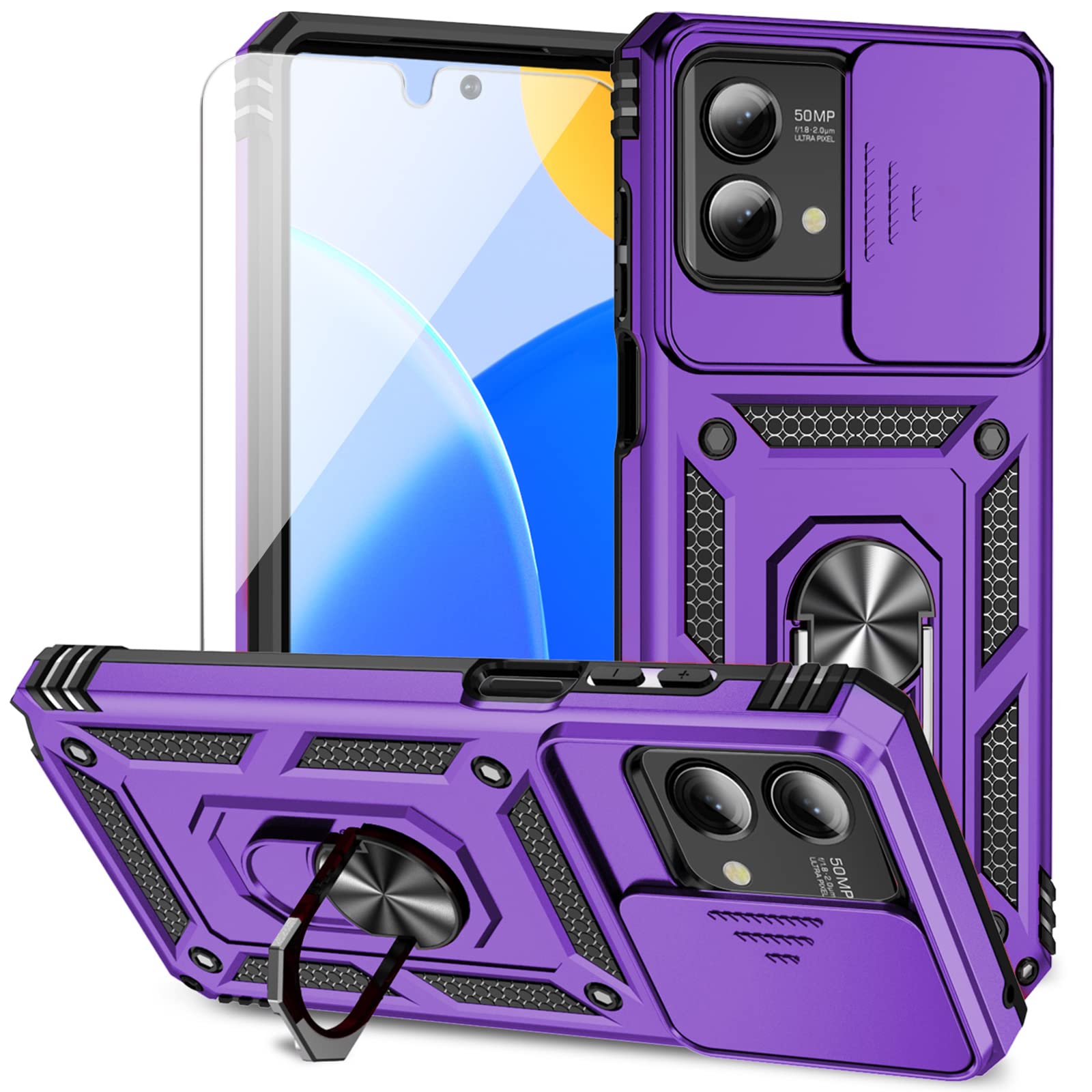 for Moto G Stylus 5G 2023 Case with Slide Camera Cover HD Screen Protector [Military Grade Drop Tested] Magnetic Ring Holder Kickstand Protective Phone Case for Motorola Moto G Stylus 5G 2023, Purple