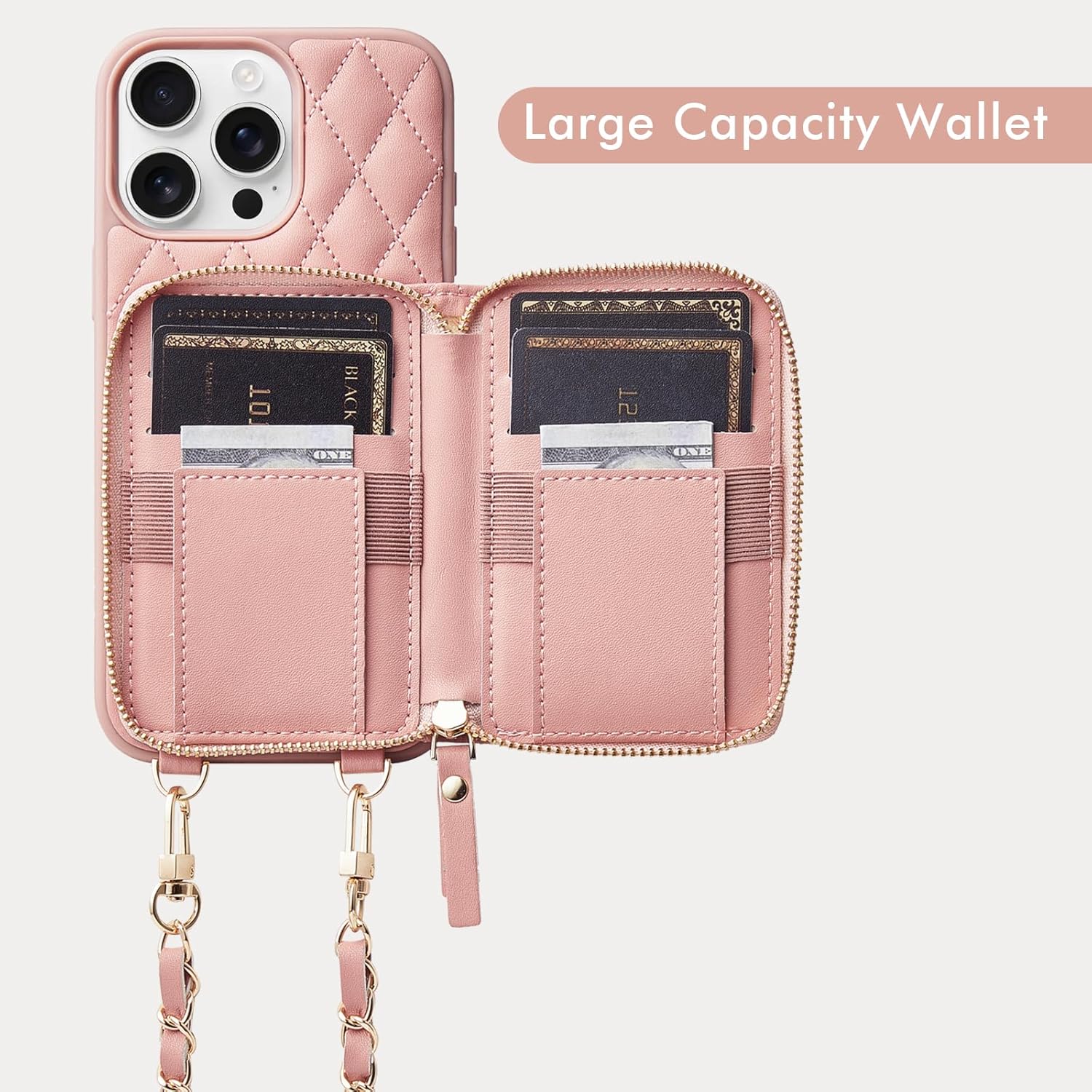 LAMEEKU Compatible with iPhone 16 Pro Max Wallet Case with Card Holder, Quilted Leather Crossbody Zipper Case for Women Design for iPhone 16 Pro Max 6.9'' Pink