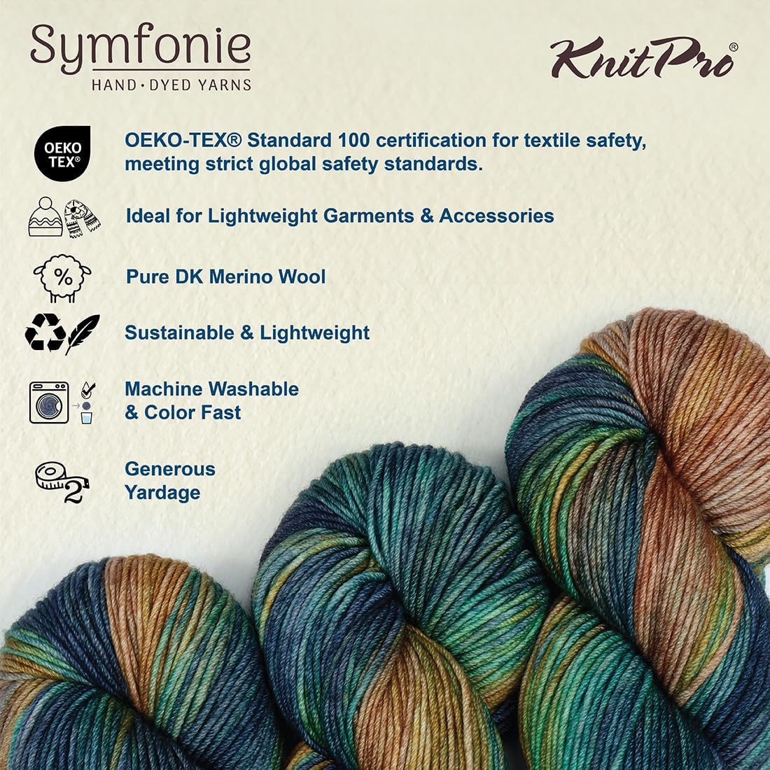 KnitPro Symfonie Premium Hand Dyed Yarn | 100% Extra Fine Merino Wool for Knitting & Crocheting, DK Weight, Oeko-TEX Certified, Colorfast Fiber 220m, 100g Skein | Viva Variegated Riverbank