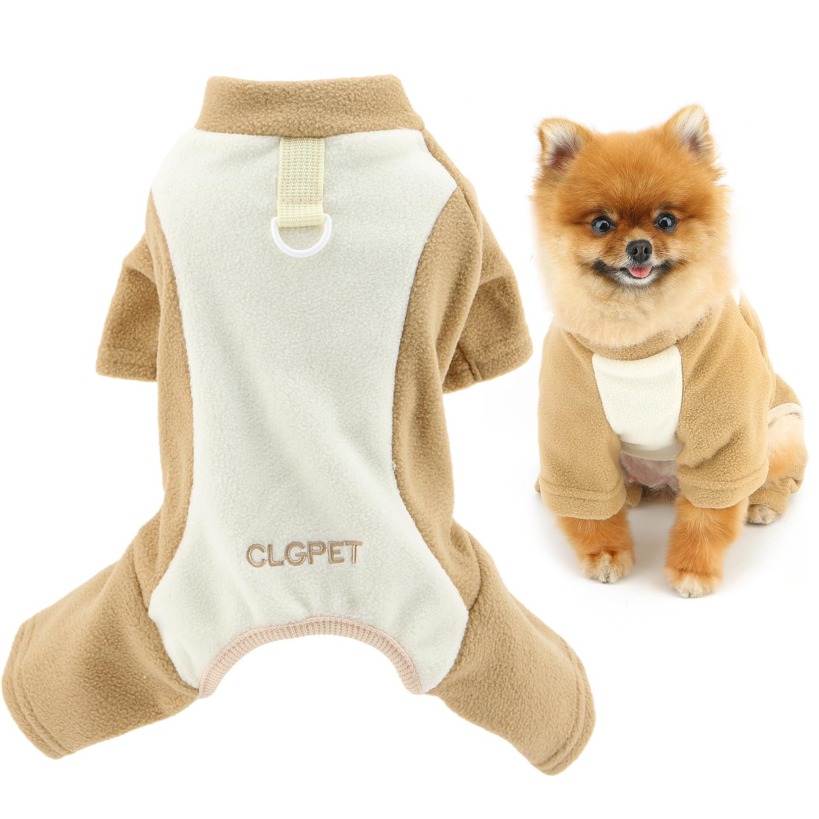 SMALLLEE_LUCKY_STORE Fuzzy Fleece Dog Pyjamas for Xsmall Small Dogs Warm Puppy Jumpsuit with D-ring Colorblock Four-Leg Pullover Pjs Cozy Winter Autumn Soft Pajamas Chihuahua Yorkie Clothes, Beige, XS