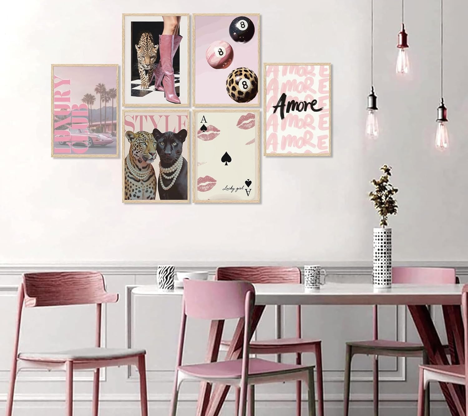 6pcs Trendy Cheetah Canvas wall art Stylish Pink Painting Picture Wall Decor Fashion College Style Room Cheetah Poster Print Artwork for Girls Bedroom Apartment Dorm Room Home Decoration Unframed