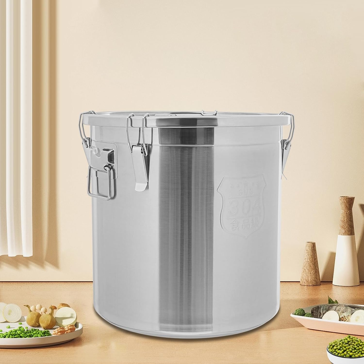12.7Gal 304 Stainless Steel Rice Storage Container, Extra Large Food Grade Canister, 40-90Lbs Sealed Rice Bucket with Airtight Lid and Locking Buckle for Rice, Flour, Grain (48L)