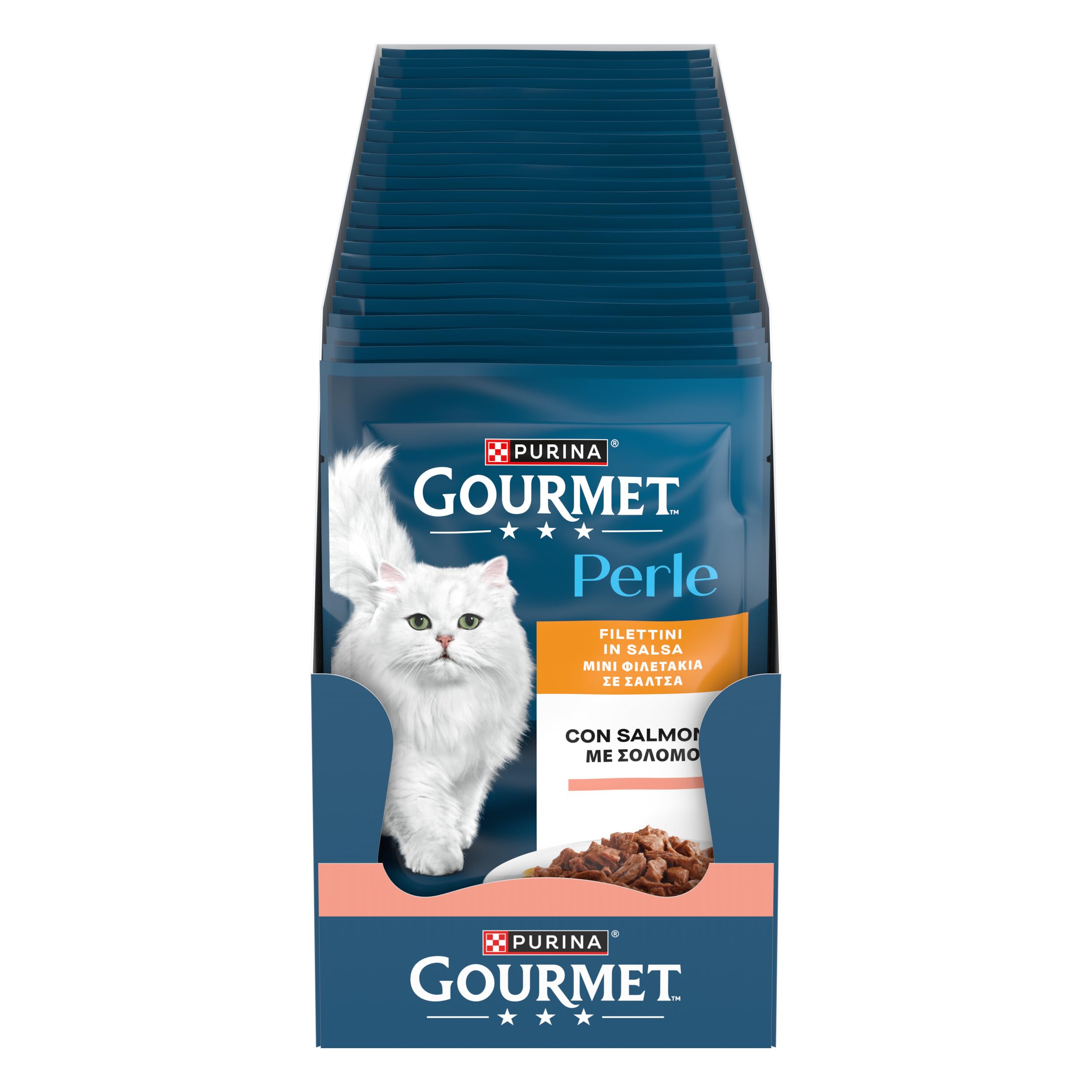 GOURMET Perle Filettini, Cibo Umido per Gatti Adulti, 26 Bustine da 85g | Filettini in Salsa con Salmone
