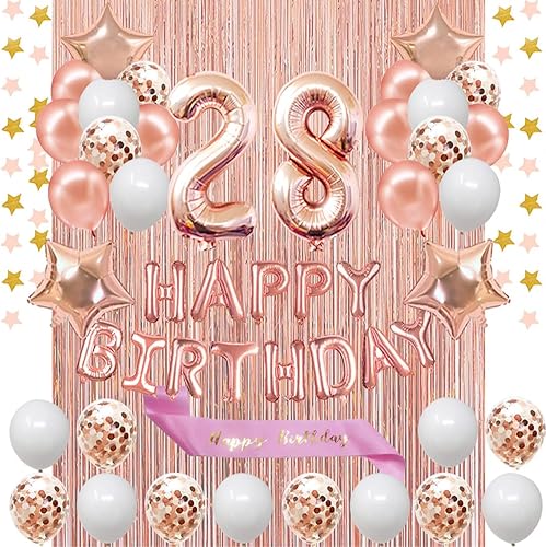 partyshop - Decoraciones de cumpleaños número 28, pancarta y banda de cumpleaños de color oro rosa con globos del número 28, globos de látex de