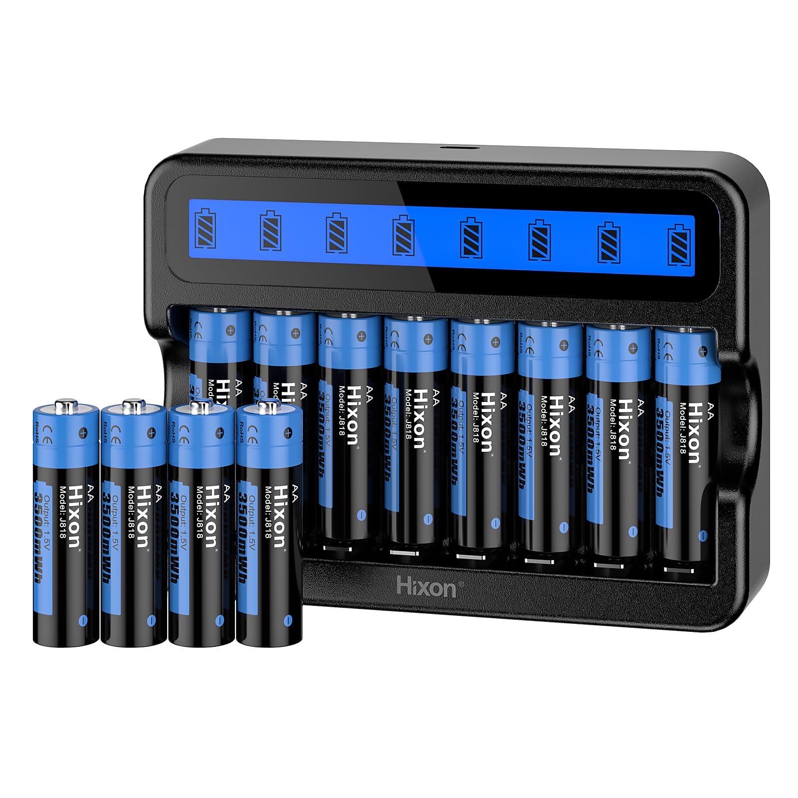 Hixon Wiederaufladbare AA Lithium Akku, 12er-Pack mit 8-Slot Schnellladegerät, Langlebige 3500mWh 1,5V Lithium AA Akku, Hoher Entladerate Li-ion Batterien AA