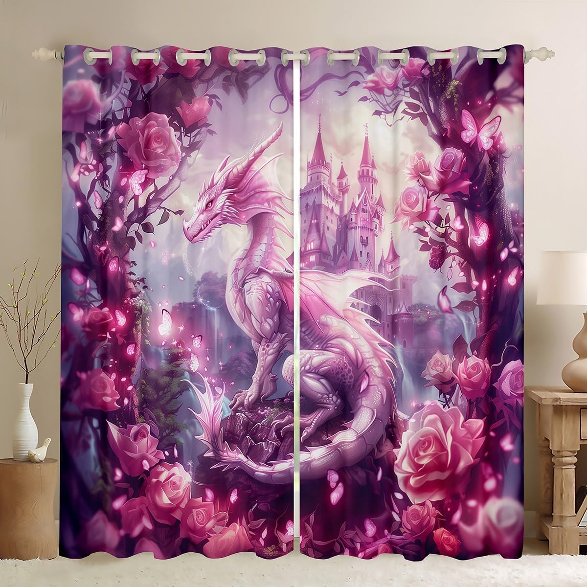 Dragon Kids Window Curtains,Tale Castle Dragon Theme Window Drapes for Girls Boys,Roses Flowers Butterfly Romantic Pink Dreamy Window Treatments Grommet Top 2 Panel Set,38Wx54L inch