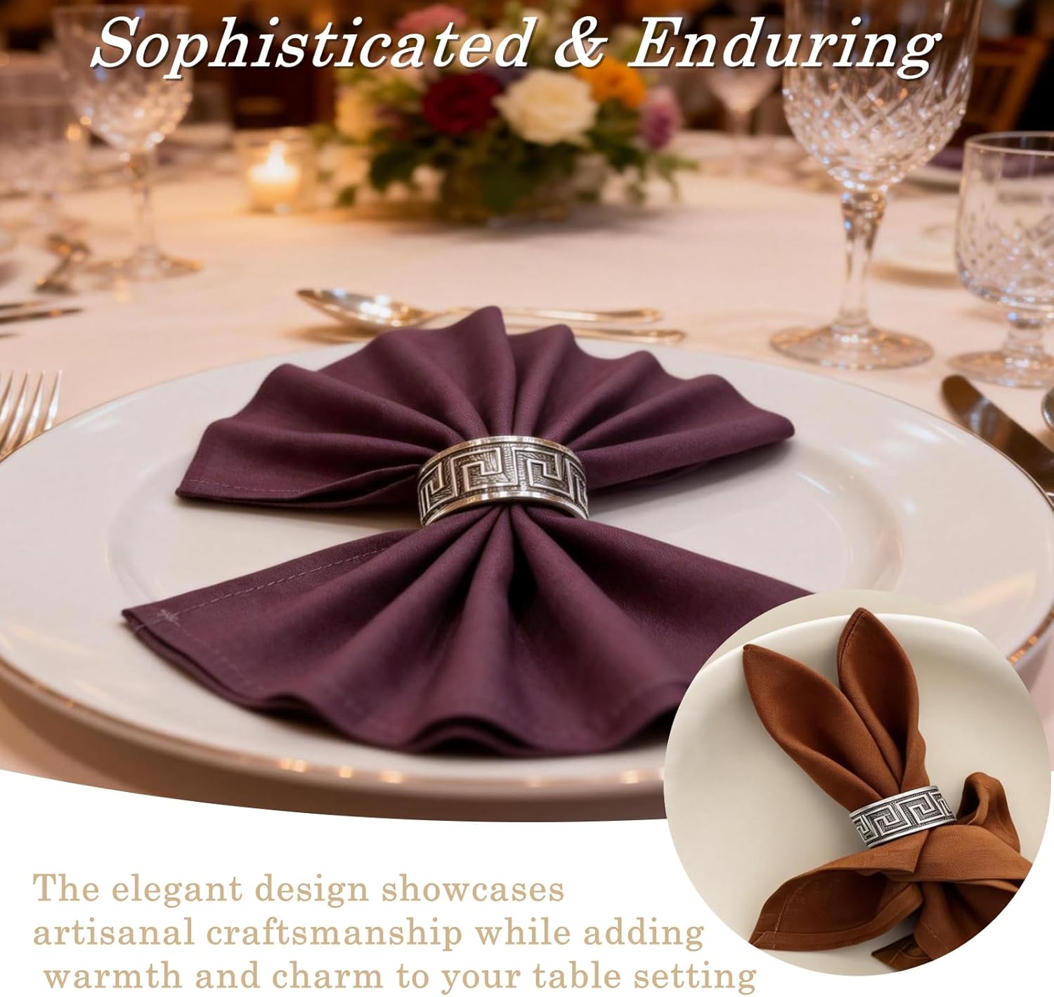 12pcs Antique Silver Napkin Rings, Premium Greek Key Napkin Rings Bulk, Meander Napkin Ring Silver Alloy Holders for Dinner Party,Banquets,Easter,Thanksgiving, Holiday Table Settings Decor(Meandros)