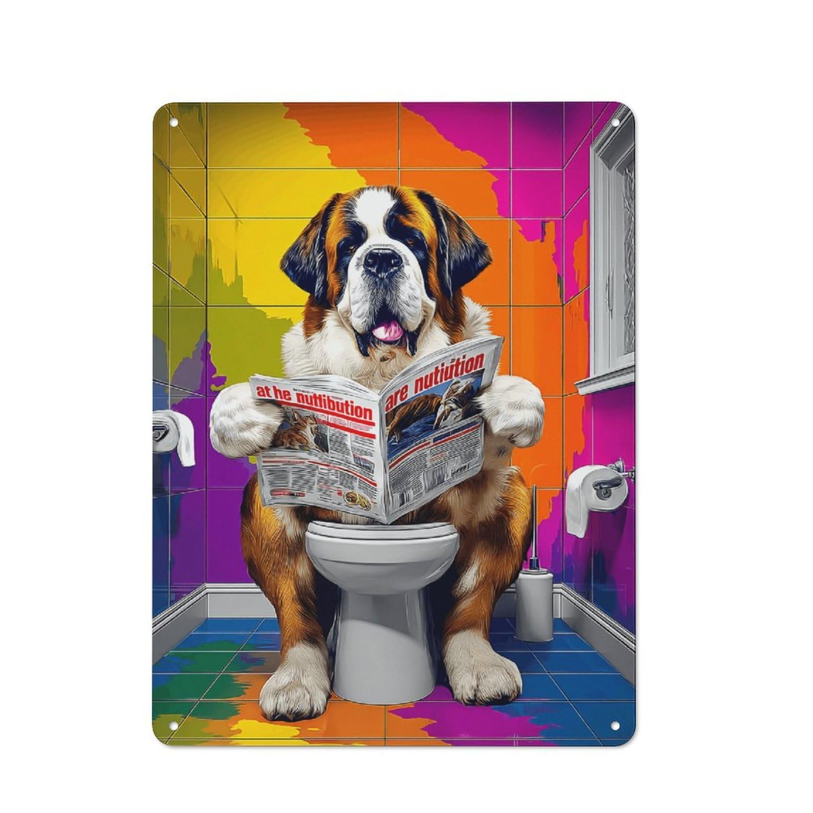Junmoney Dog Reading Newspaper In Colorful Bathroom Farmhouse Metal Sign 40X30cm, Barn Style Rustic Kitchen Decor For Cottage, Kitchen, Hallway Or Breakfast Nook