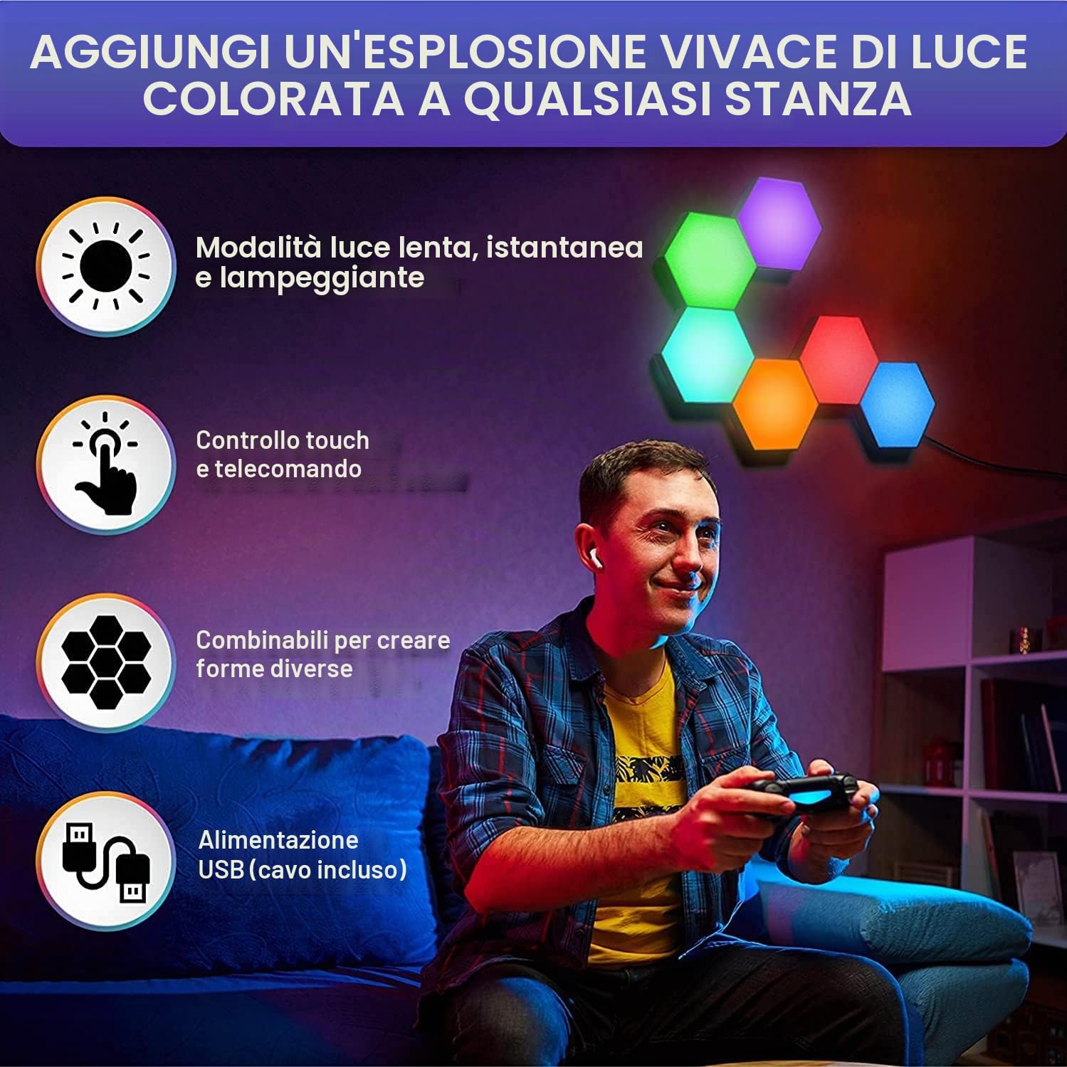 Pannelli LED RGB con Telecomando, Applique da Parete Interno Luci Esagoni LED Gaming Controllo Touch, Geometria Fai-da-te Lampada Gaming LED Muro Accessori Gaming per Camera da Letto, 10 Pannelli