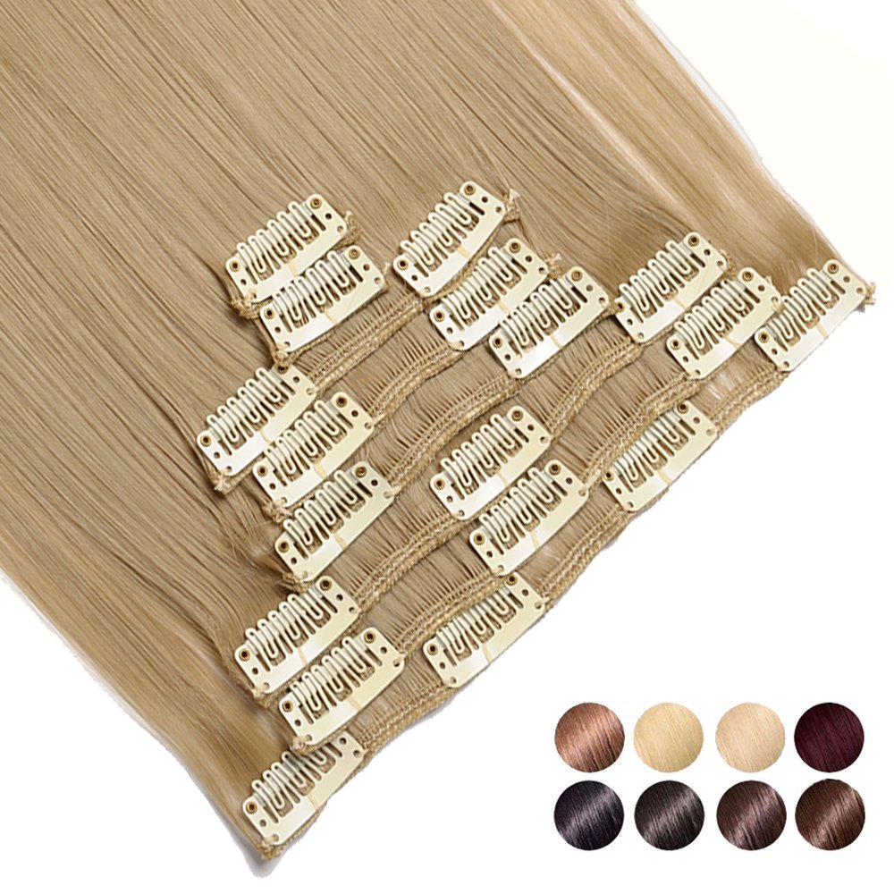26" Ash Blonde Long Straight Full Head 8 Pcs 18 Clip in Hair Extensions Real Thick Synthetic Hairpieces Party Highlights Pure Ombre Color for Girl Women Girls