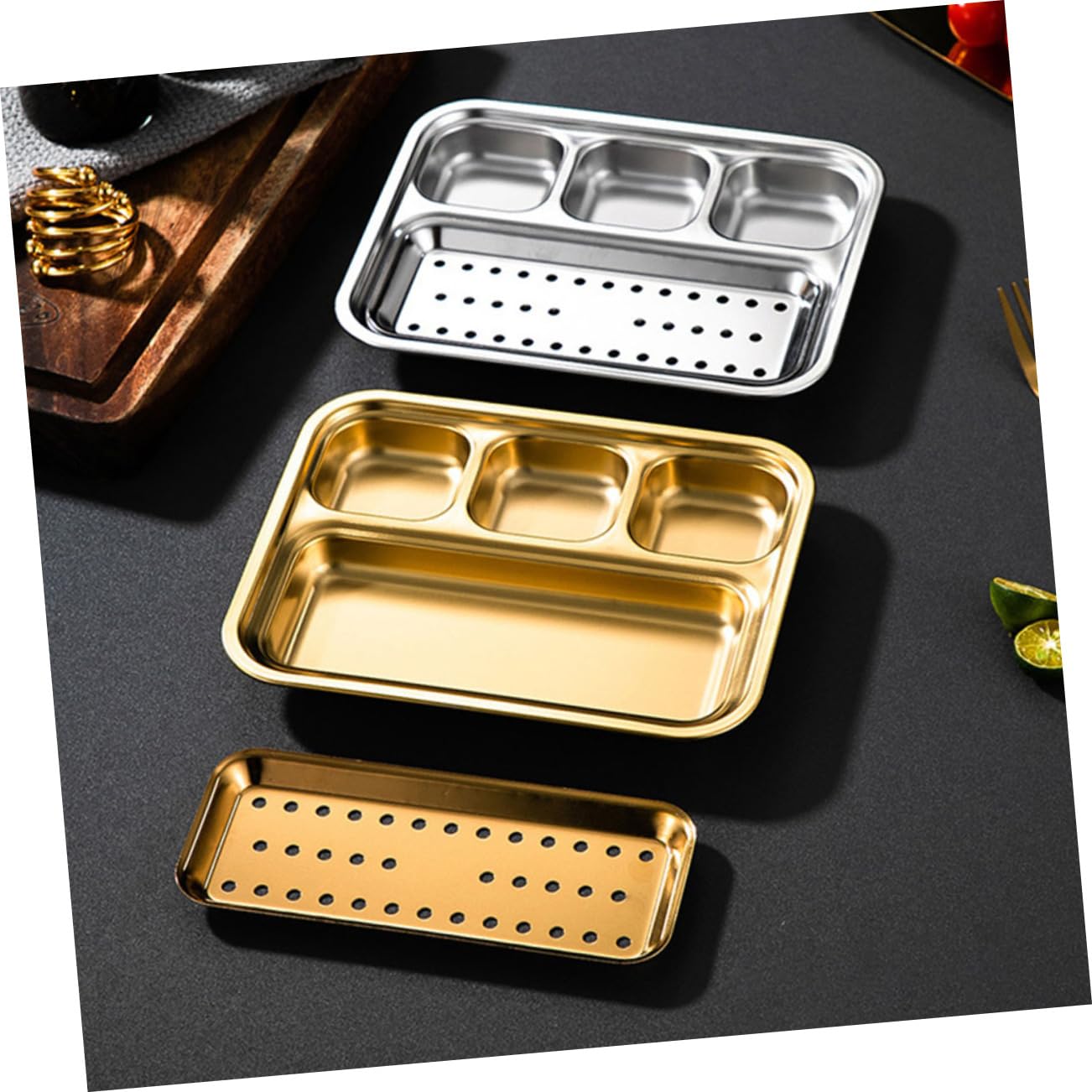 MUCKLILY Stainless Steel Divided Plate for Serving Sauces and Snacks Food Grade Compartment Tray for Bbqs Festivals and Outdoor Dining Reusable Oil Filter Pan with Dip Separator