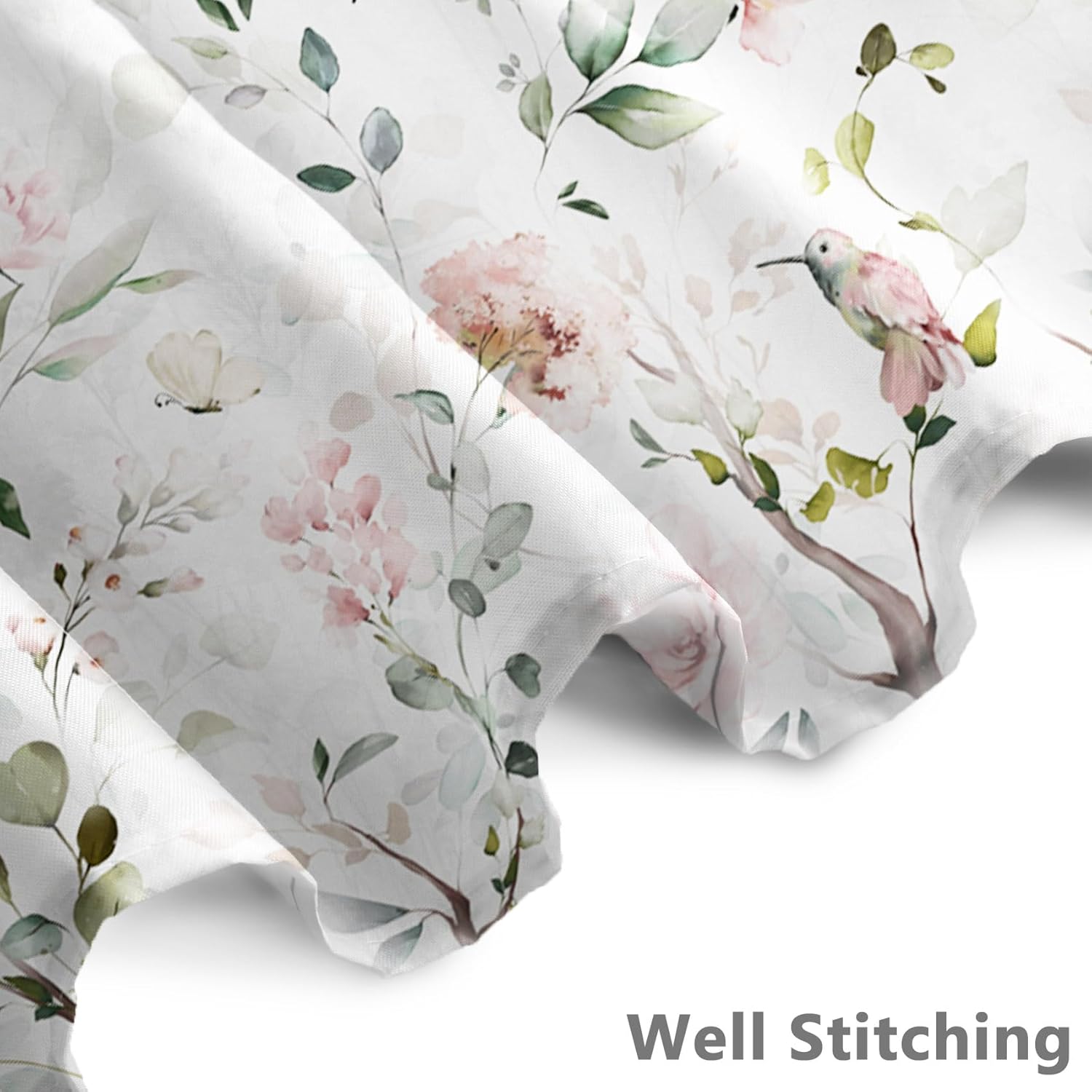 Renaiss 60x72 Inches Hummingbird Floral Shower Curtain Watercolor Pink Flowers Birds Green Eucalyptus Leaves Fabric Shower Curtains for Bathroom Decor Polyester Waterproof with Hooks