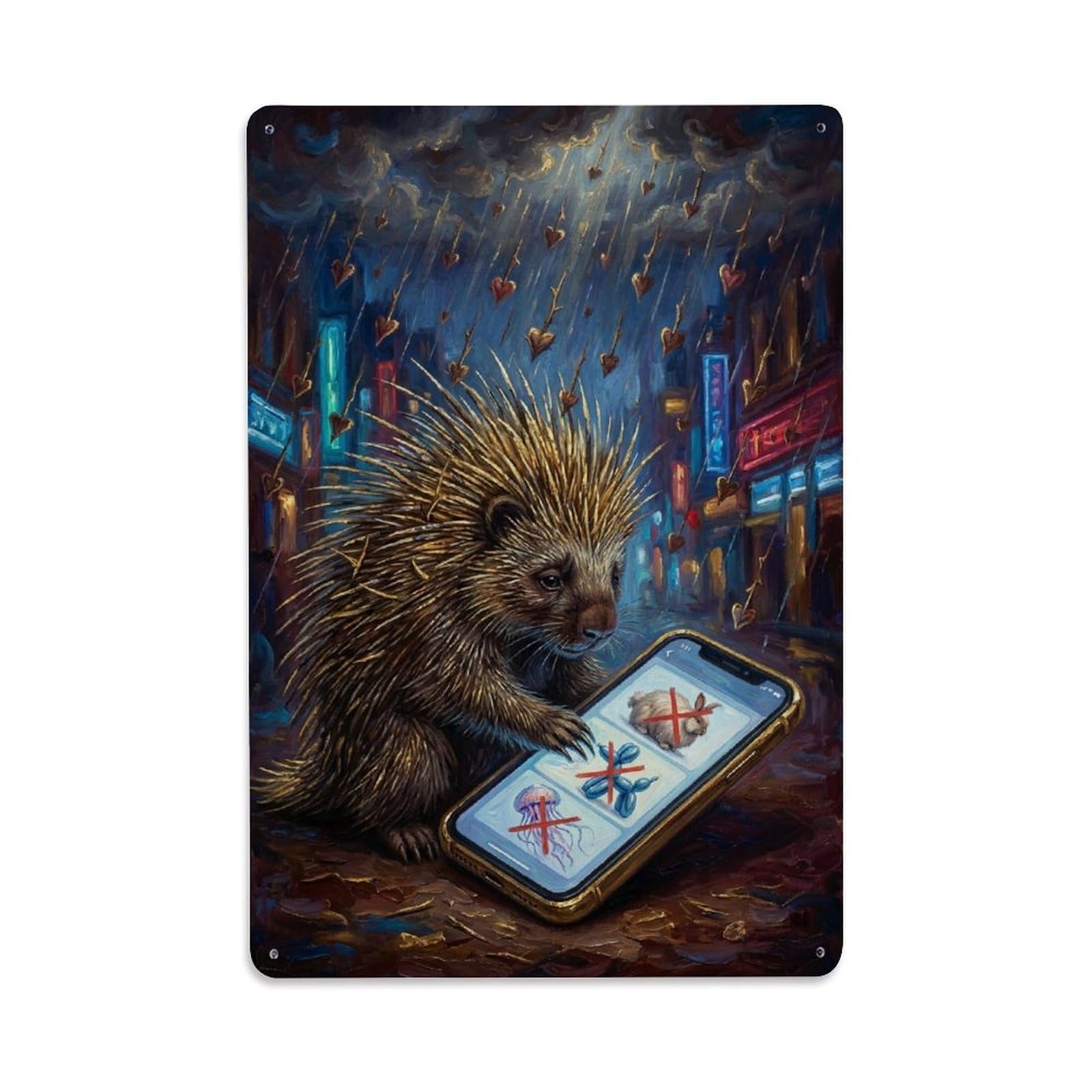 Old School Surreal Vintage Animal Hedgehog Dating App Satire Metal Tin Sign Plaque Wall Decor for Cafe, Man Cave, Club Bar, Office, Home Garden Round Metal Poster 8x12Inch