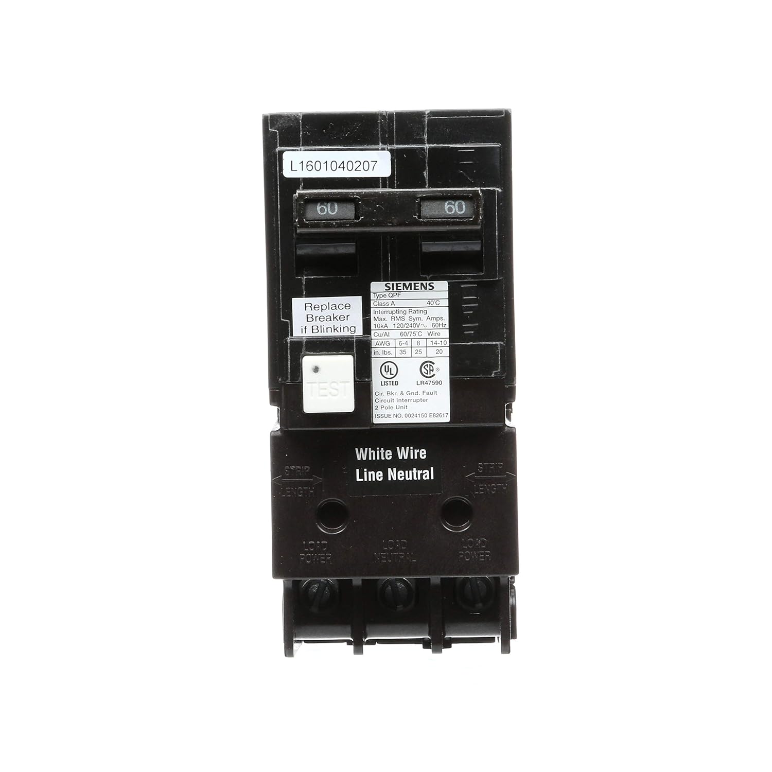 Siemens QF260A 60 Amp, 2 Pole, 120/240V Ground Fault Circuit Interrupter with Self Test Feature