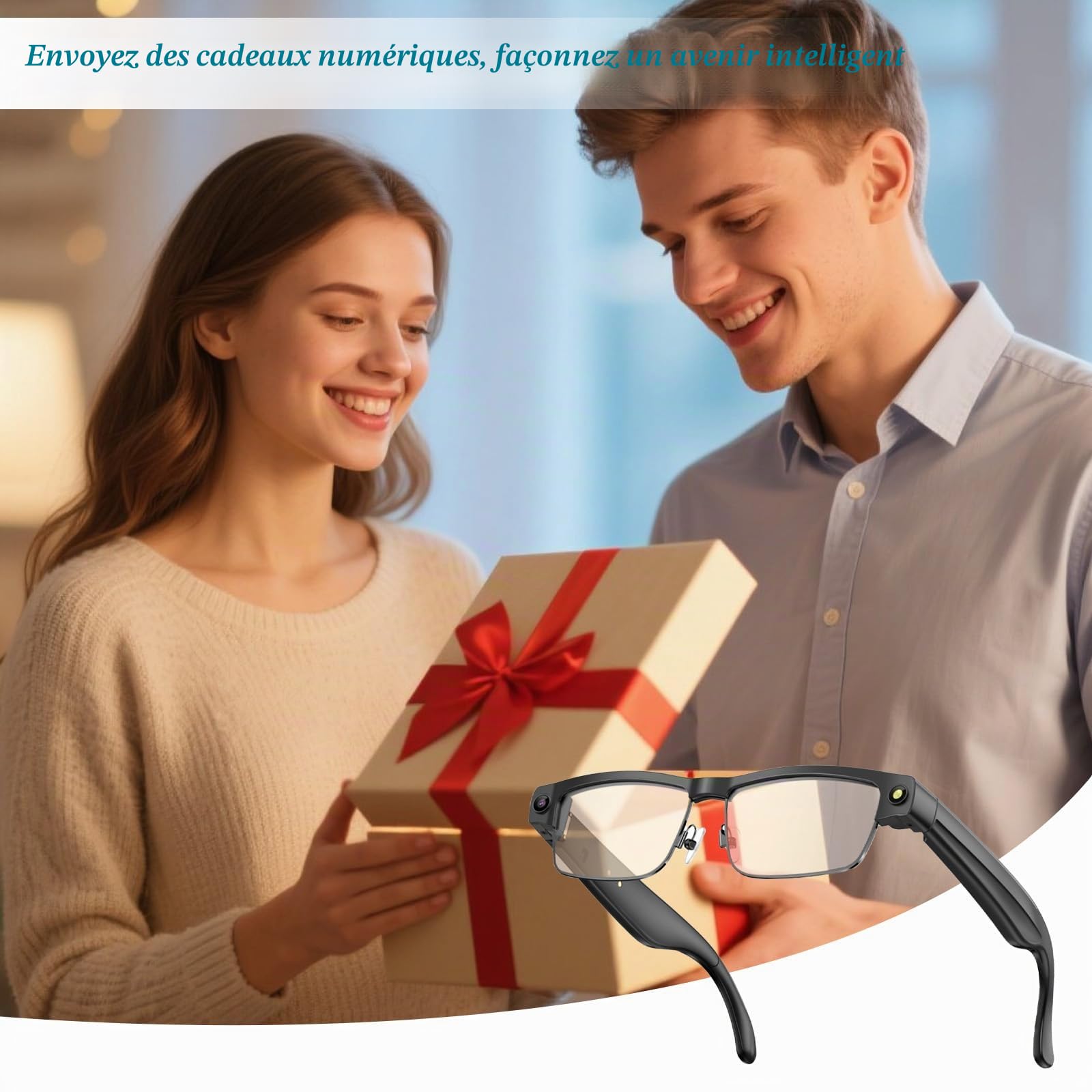 AI Smart Glasses Caméra HD 4K 800 W Lunettes anti-tremblement avec enregistrement vidéo, double microphones avec réduction du bruit, traduction simultanée, intégration ChatGPT (lentilles