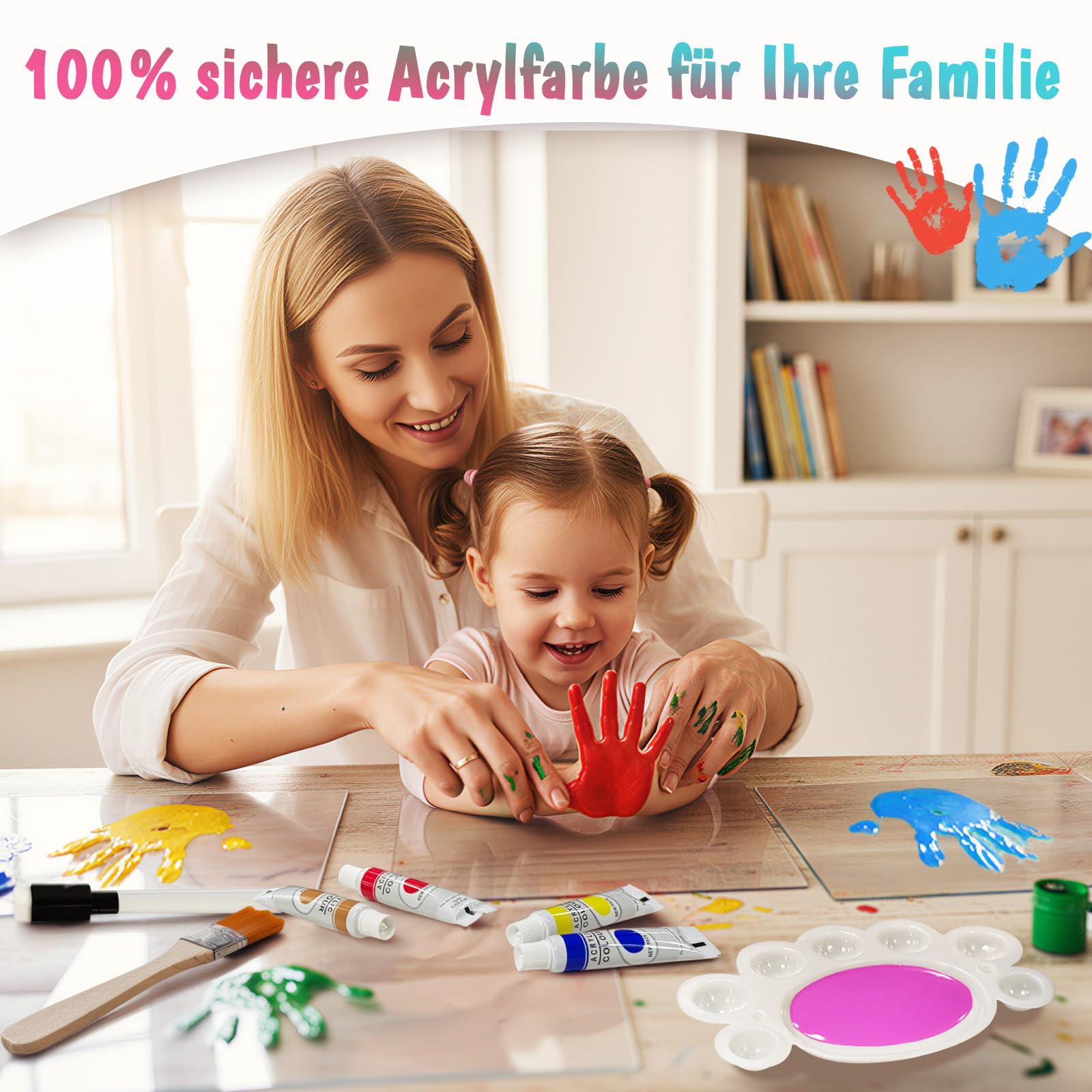 Handabdruck Set Familie für 4 Personen mit 12 Acrylfarbe, DIY Baby Handabdruck und Fußabdruck Set mit Sticker Blumen, Geschenke für Werdende Väter Mütter Baby Shower Taufe