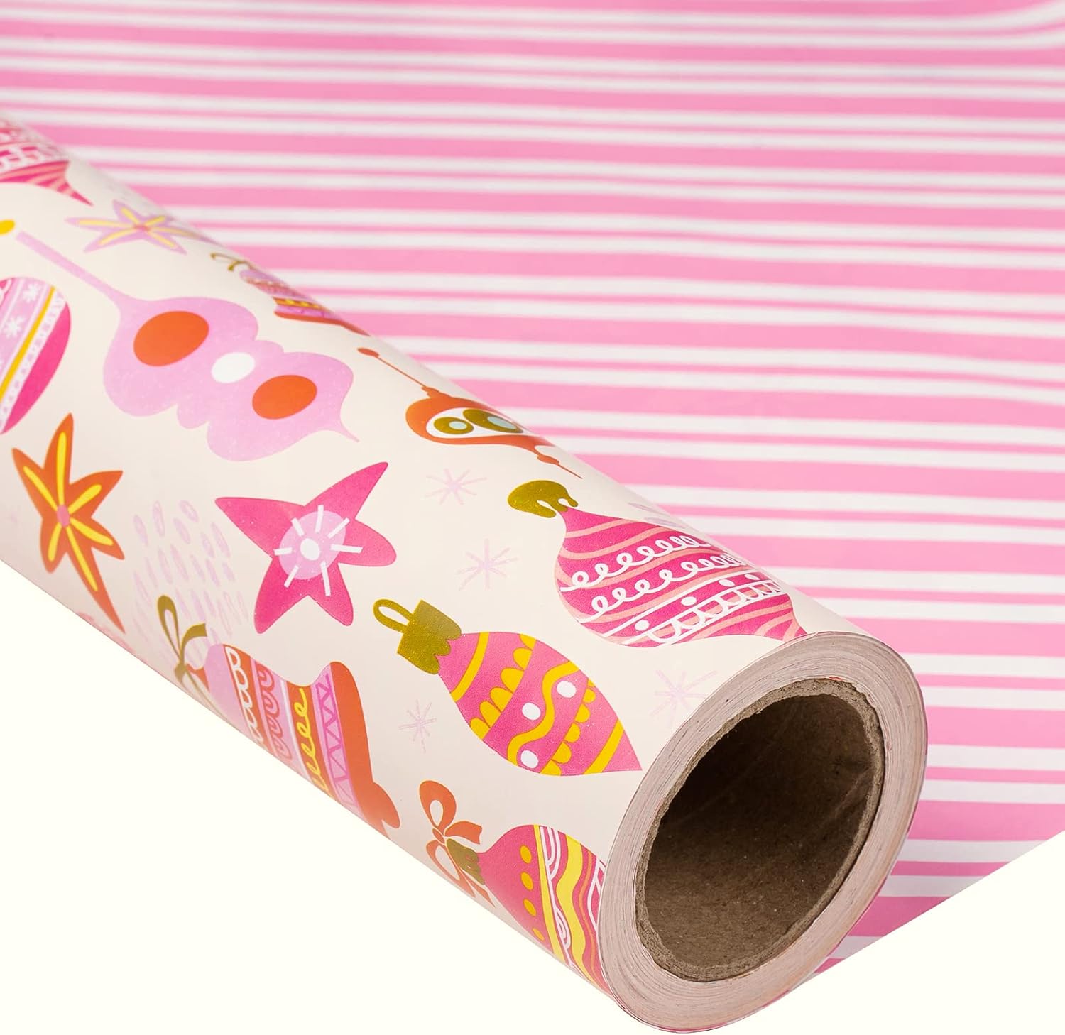 MAYPLUSS Christmas Reversible Wrapping Paper Jumbo Roll - 30 Inches x 100 Feet - Pink Ornaments Stripe,christmas paper,Gift Wrap for Xmas,New Year,Holiday, Party, Celebration