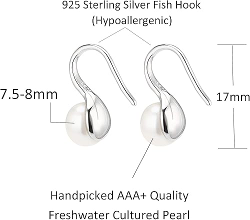 Miniatura 3 de Pendientes colgantes de plata de ley 925 con perlas cultivadas en agua dulce de 75 a 0315in color blanco y de calidad AAA joyería para mujeres y