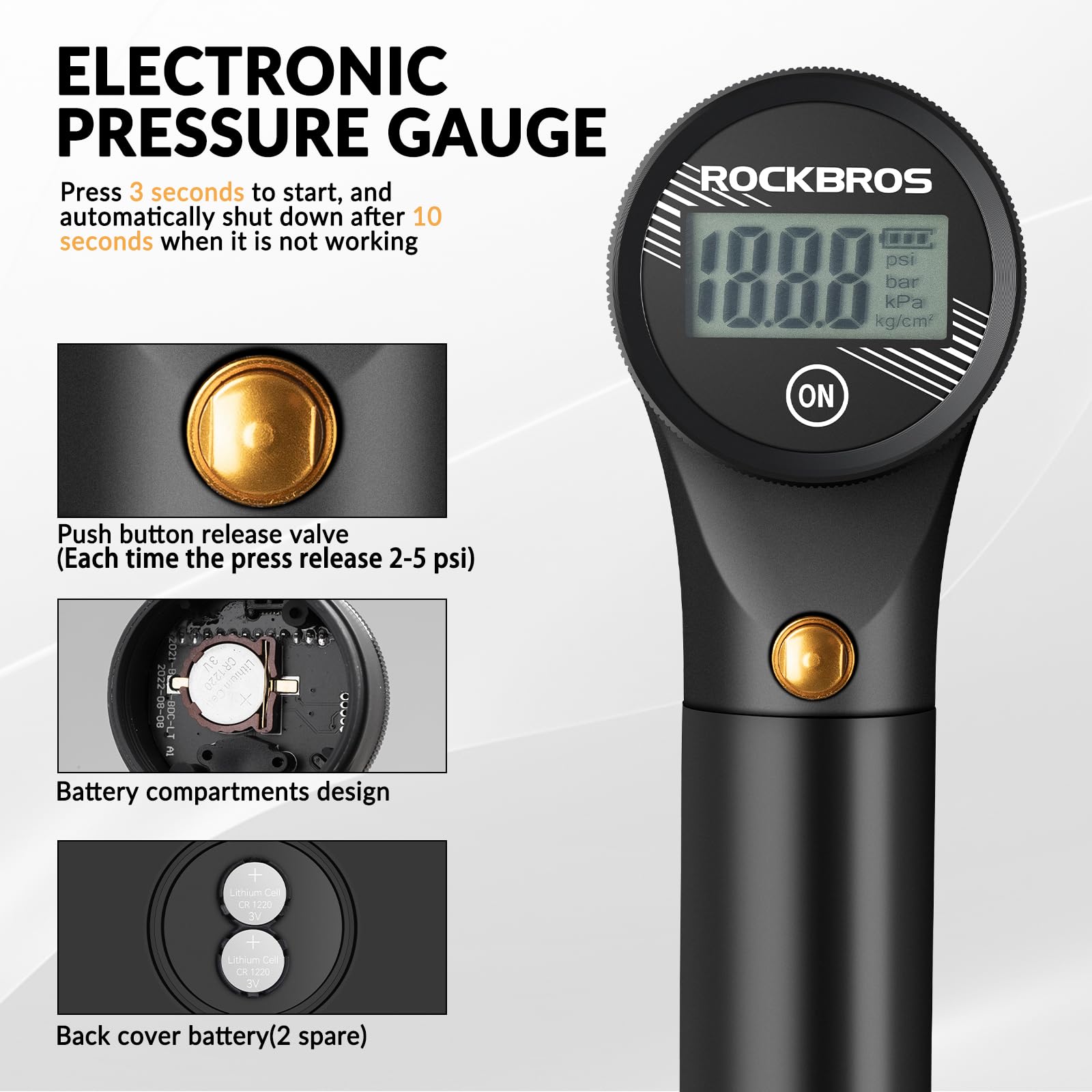 ROCKBROS Pompka Rowerowa na Ramę Mini Pompa Rowerowa do Ramy Max. 320PSI Presta&Schrader Regulowane Ciśnienie Przenośna Pompka Dwusuwowa z Wskaźnikiem Ciśnienia do Roweru MTB, BMX, Szosowego