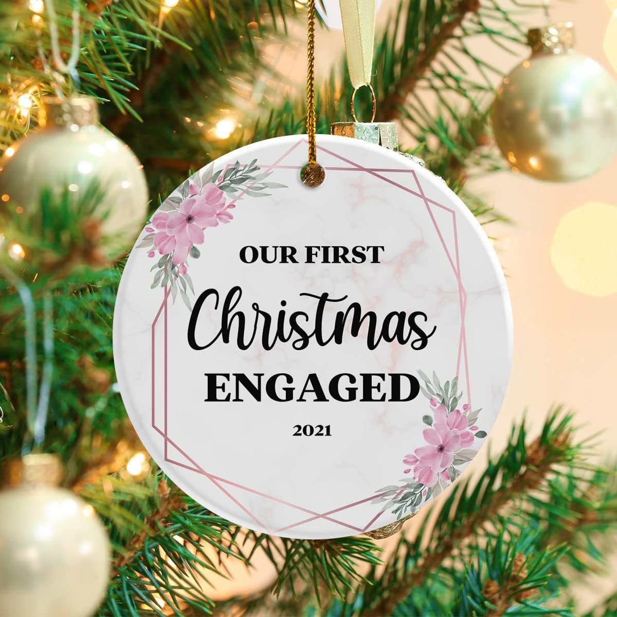 Our First Christmas Engaged 2022, Personalized Name Newly Married Ceramic Ornament, Custom Photo Ornament, Gift for Lover, Customized Gift for Family, Xmas Tree Ornaments Hanging Accessories