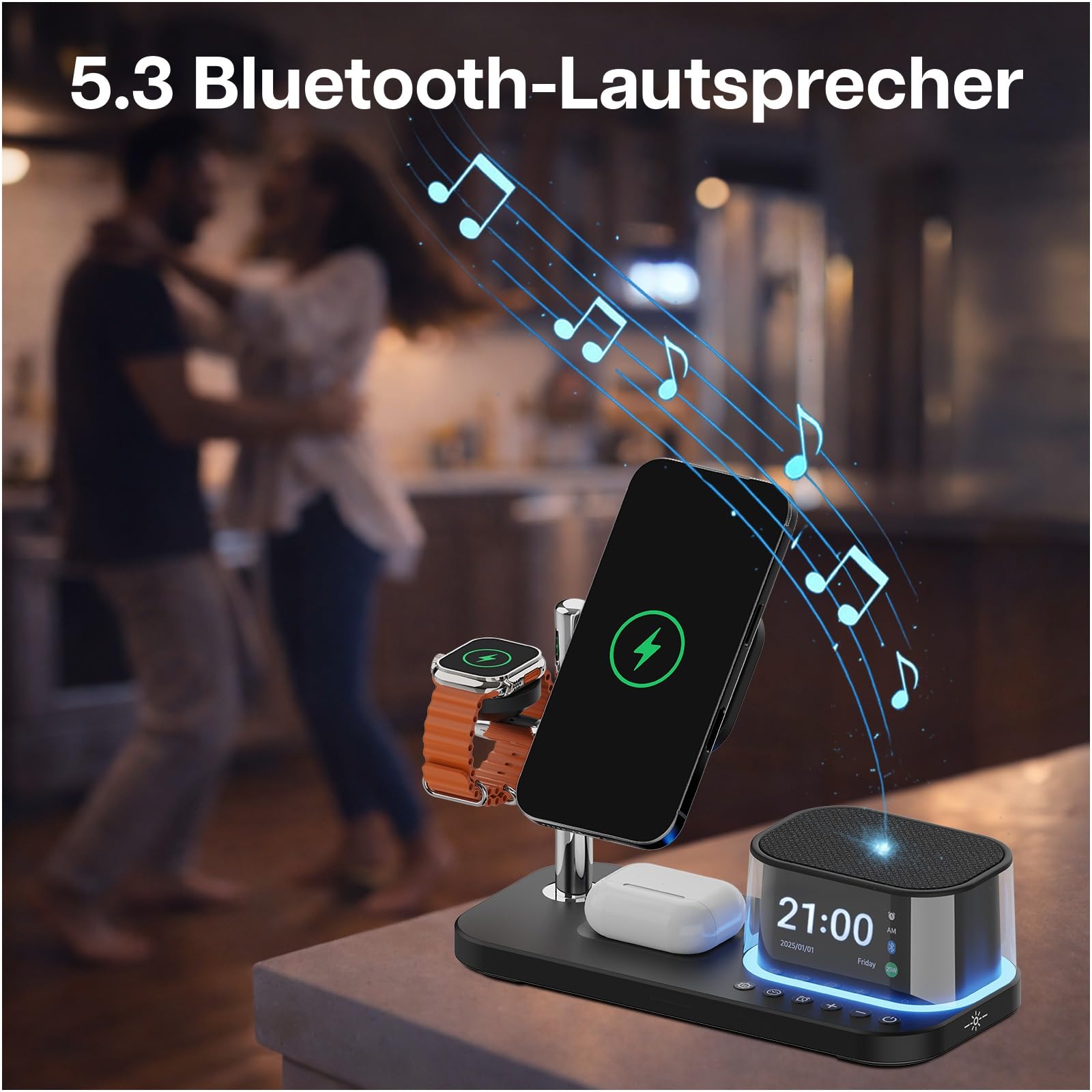 Kabellose Ladestation 5-in-1 mit Wecker, Bluetooth-Lautsprecher & LED-Nachtlicht für MagSafe von MMOBIEL – 25W Qi2.2 Magnetisches Kabellose Ladegerät für iPhone, Apple Watch & AirPods – Schwarz