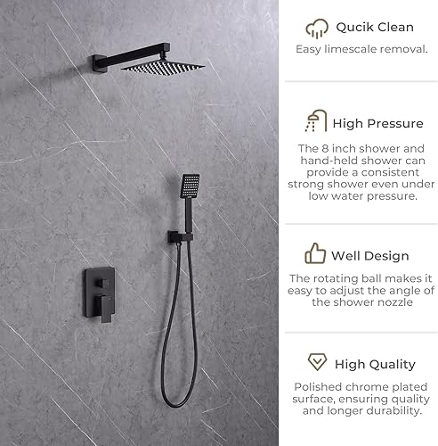 Miniatura 4 de LFGUD Juego de grifo de ducha de lluvia para baño, color negro mate, cabezal cuadrado de 8 pulgadas con kit de cabezal de ducha de mano, válvula de