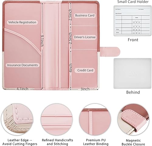 Miniatura 11 de Soporte para registro y seguro de automóvil, soporte de cuero para tarjetas de seguro y registro con cierre magnético, organizador esencial