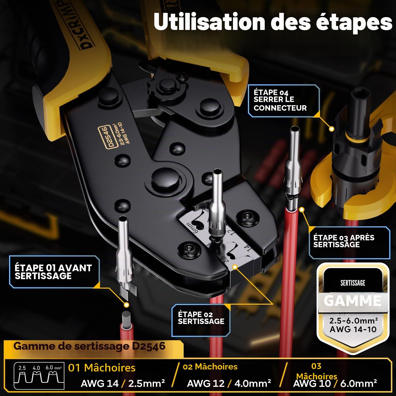 DXCRIMP GF-10Z Kit de Sertissage pour Câble Solaire 2,5/4/6 mm², Module PV, Avec Pince à Dénuder, Prise, Clé, Boîte à Outils Incluse