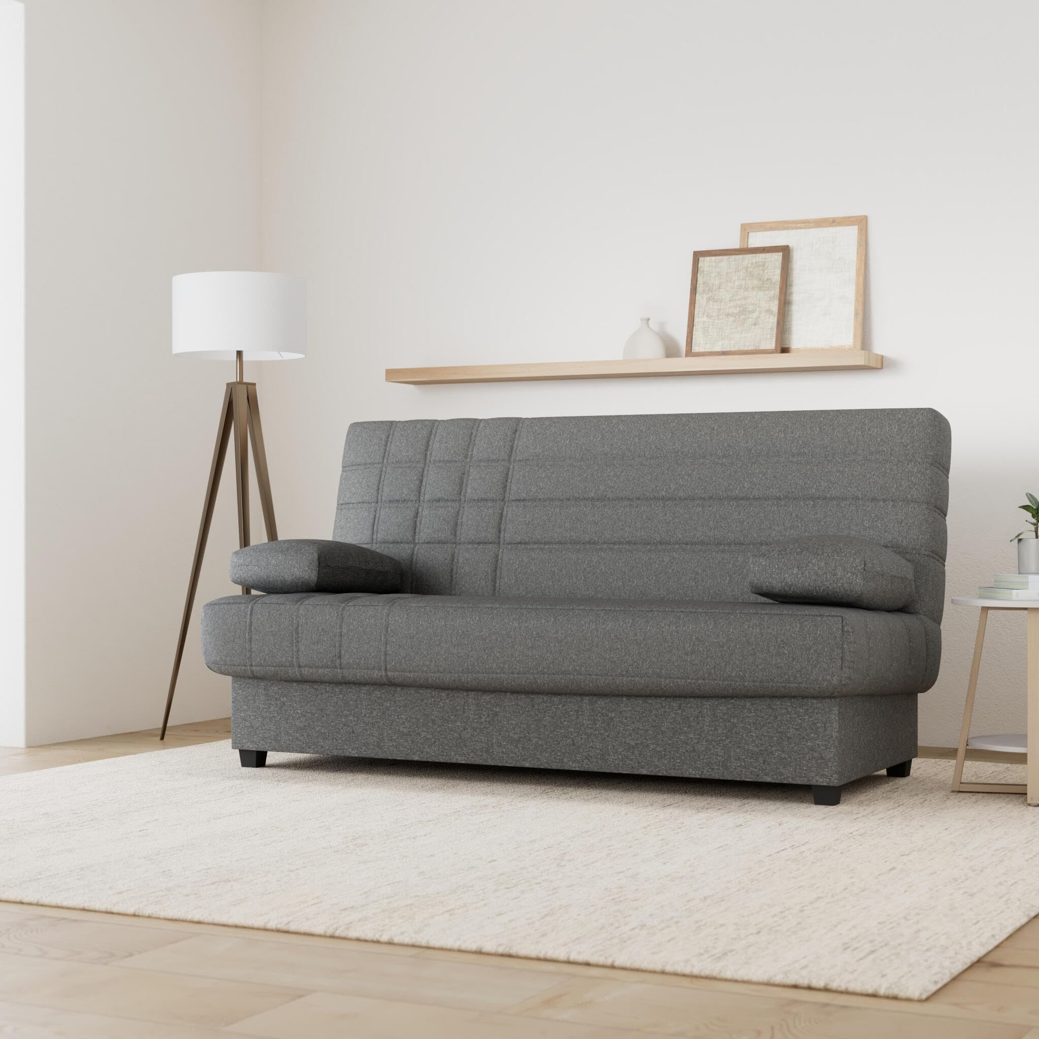 SHIITO - Sofá Cama de 3 Plazas con Arcón Interior - 100 x 193 x 100 cm - Modelo Romeo - con Apertura Clic-Clac - Incluye 2 Cojines - Color Gris Oscuro