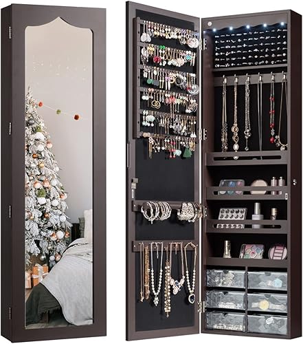 Miniatura 10 de NAFORT Armario de joyería con espejo de 5 LED montado en la paredpuerta organizador de joyas con espejo con 6 cajones espejo de longitud completa